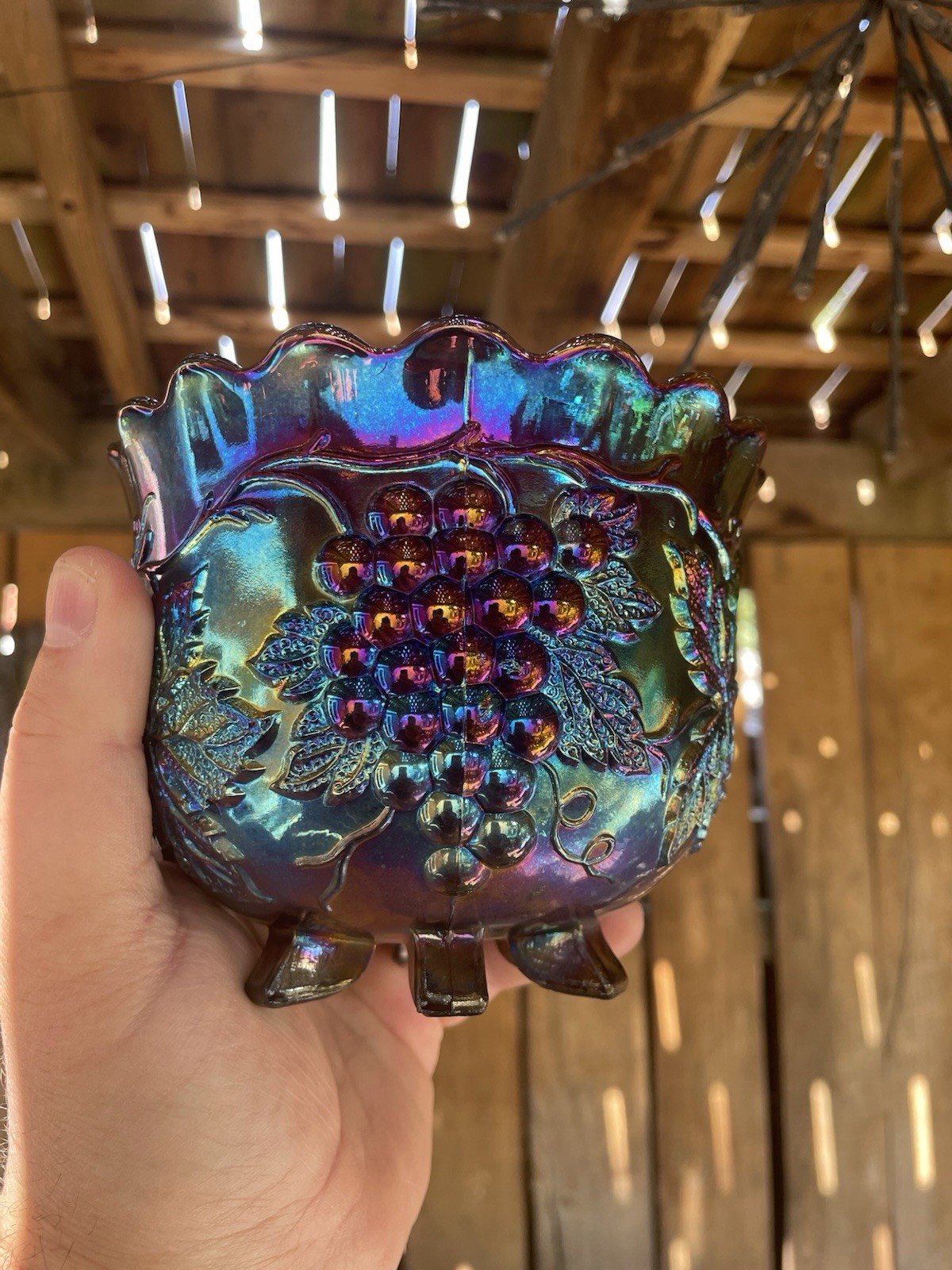 CARNIVAL GLASS ~ ELECTRIC DUGAN GRAPE DELIGHT FLARED NUT BOWL ~