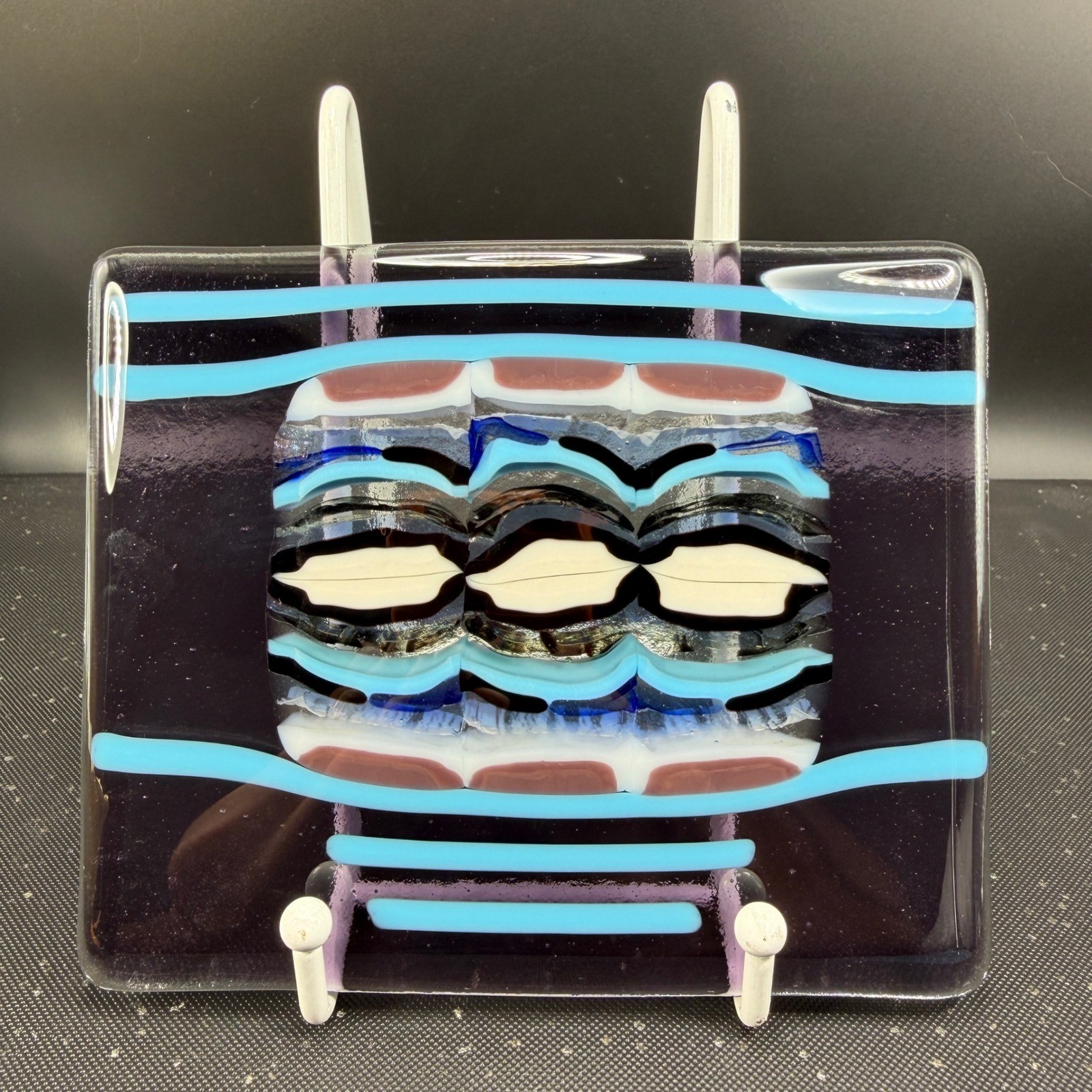 Handmade Fused Glass Art Plate Abstract Geometric Purple Turquoise 6×5 Inch