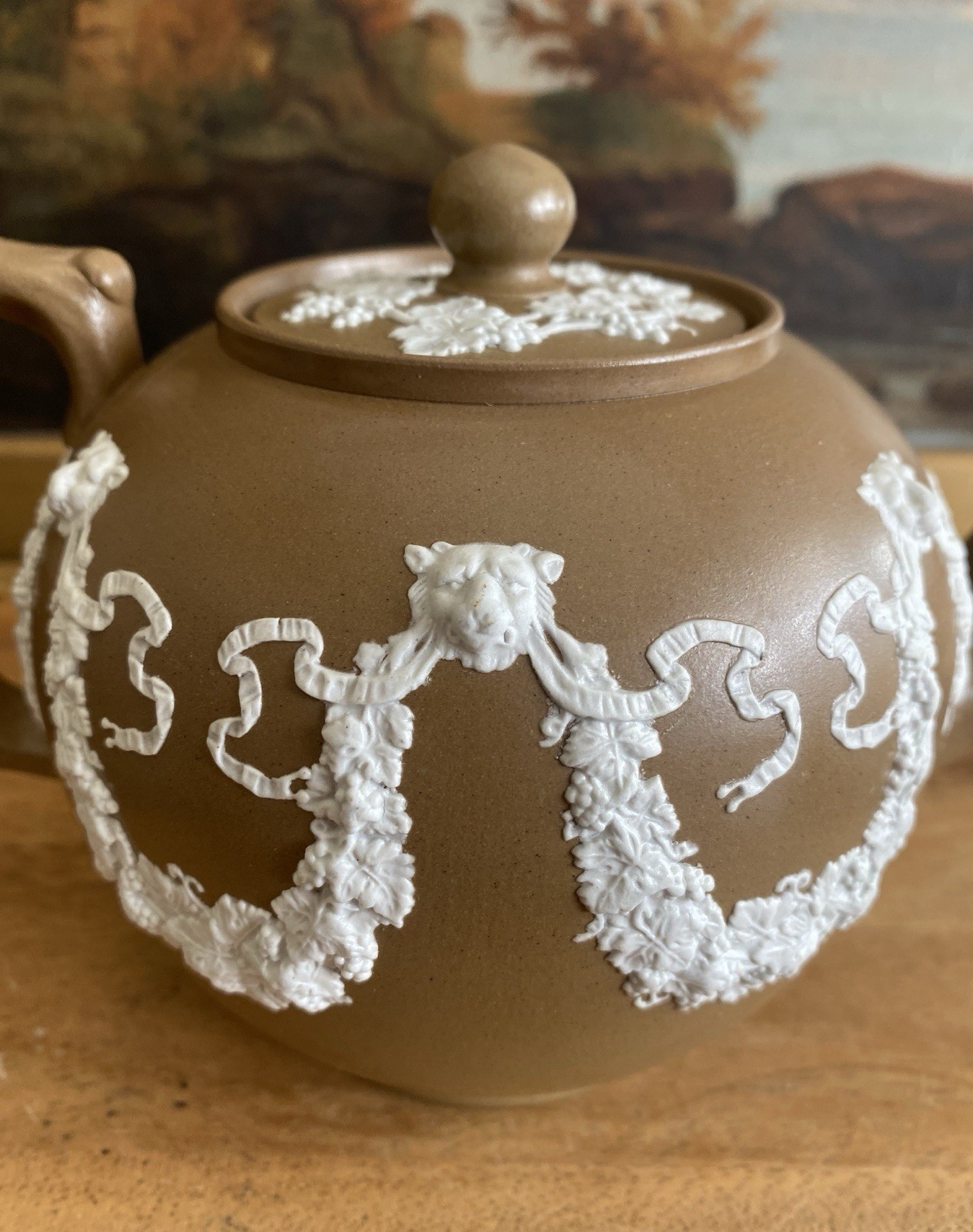RIDGWAY or DUDSON Brown Jasperware TEAPOT CREAMER SUGAR Antique England 19th CE