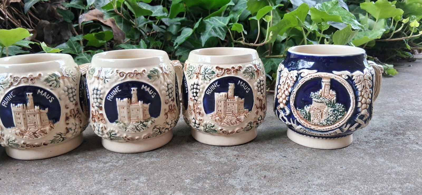 5 German Stoneware Mugs By Marzi & Remy “2835” 2 Cobalt Blue & 3 Cream Mugs