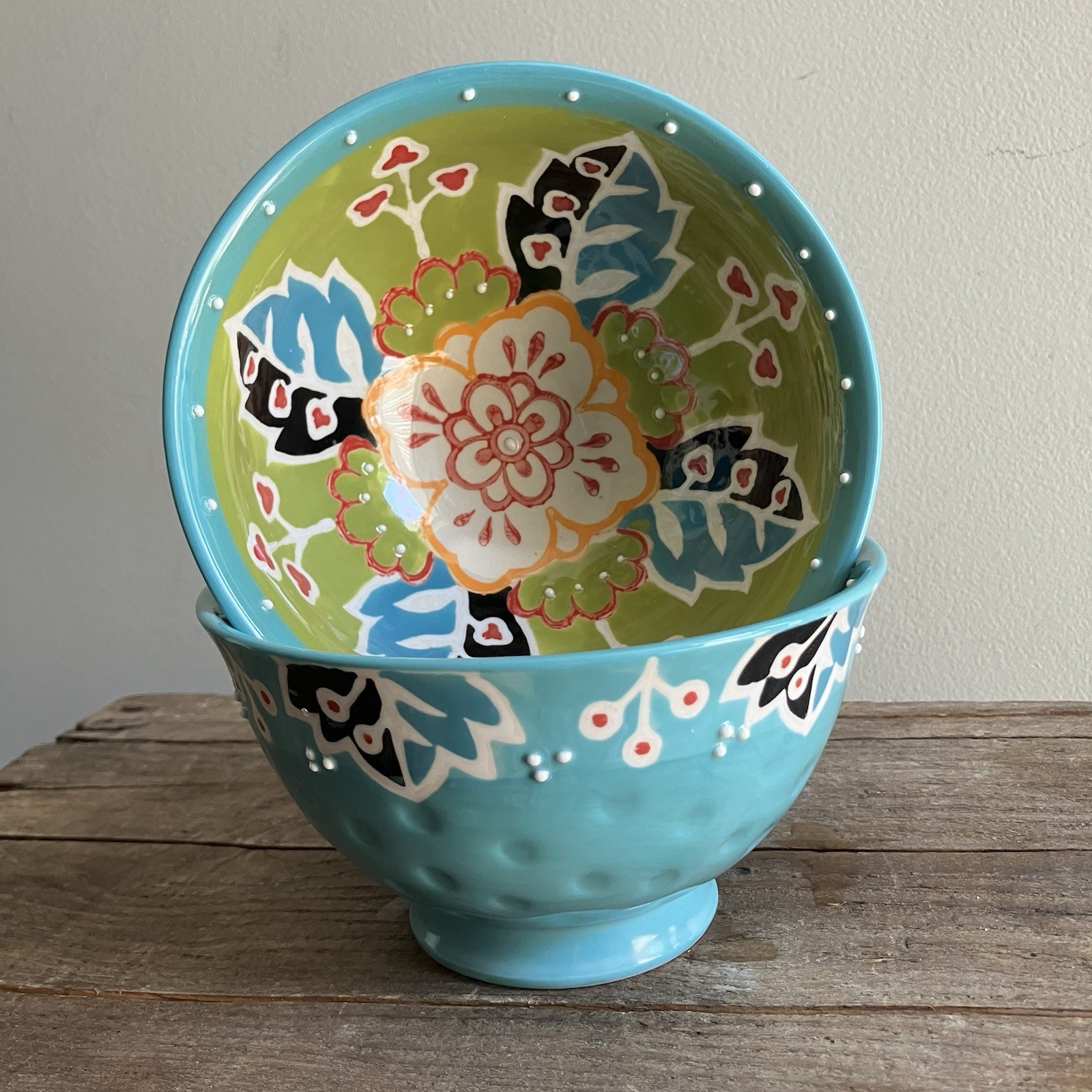 2 Yokohama Studio Japan 6″ Rice Soup Noodle Bowls Hand Painted & Embossed Dots