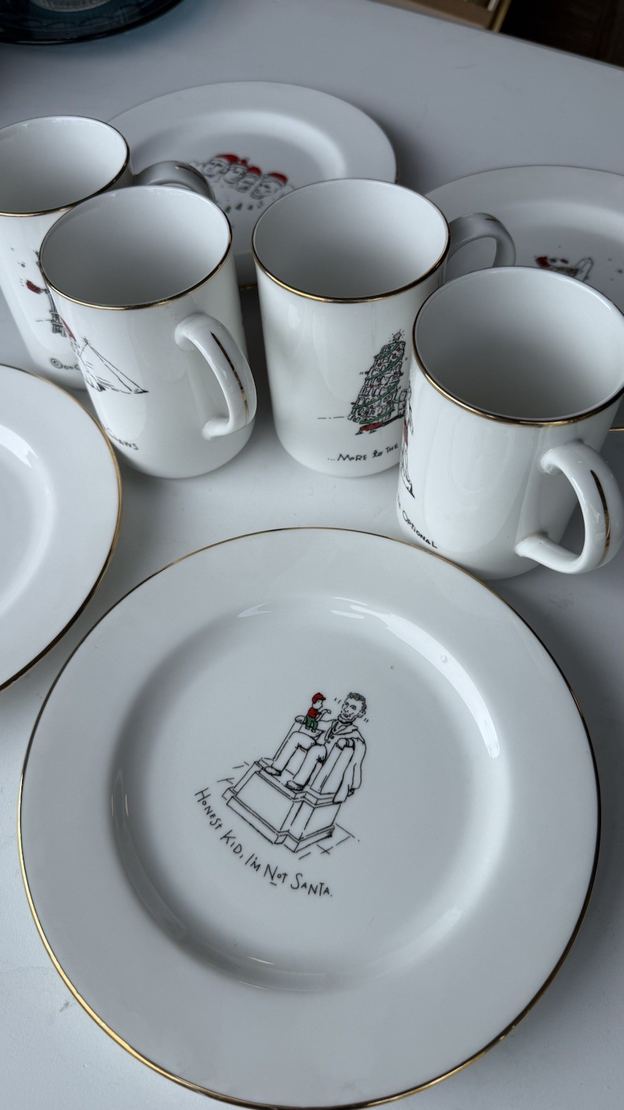 Ceramic White & Gold Humorous Christmas Dinner Set, 4 Plates & 4 Cups