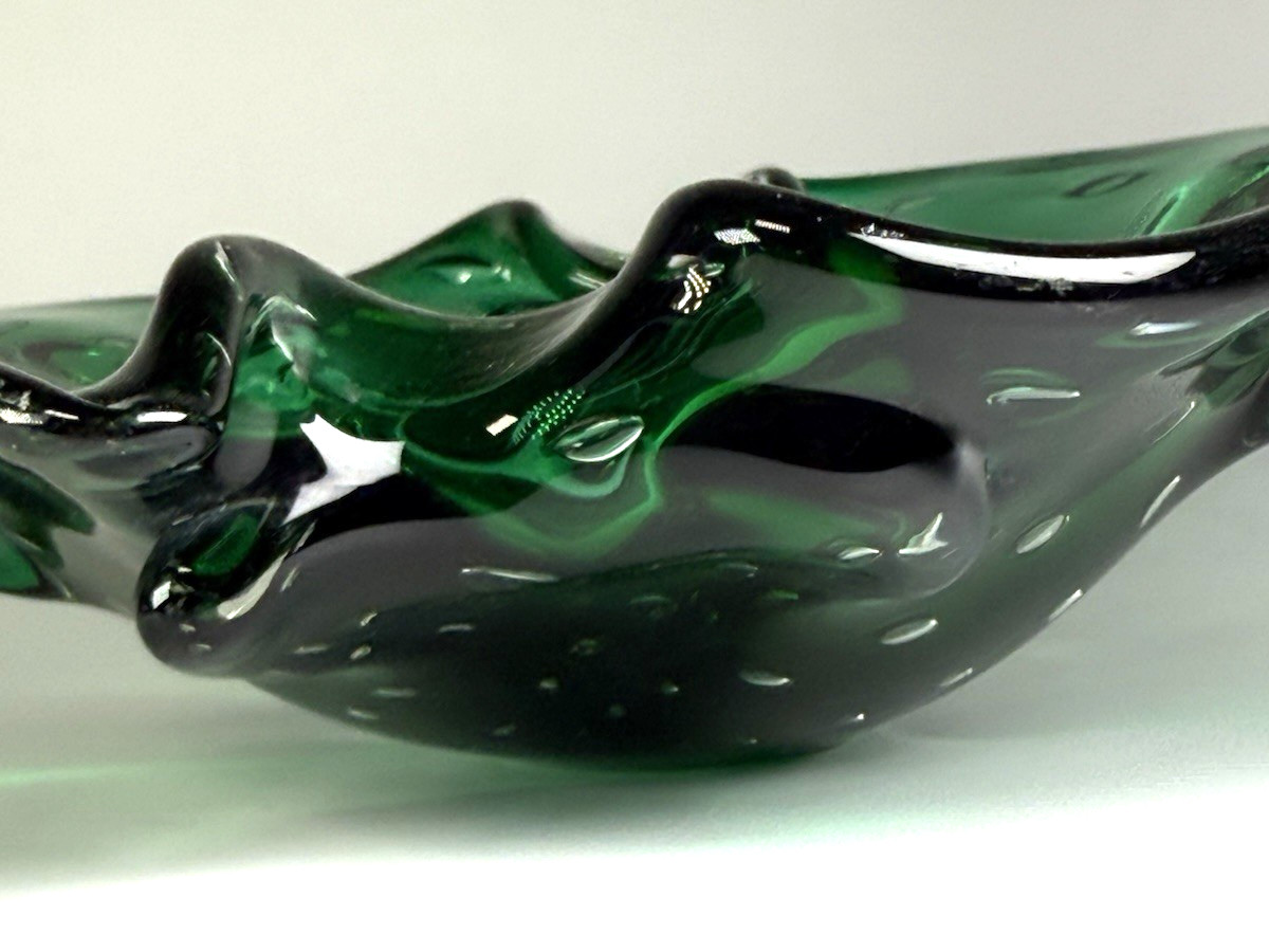 Hand Blown Controlled Bubble Dark Green Thick Glass Decor Bowl