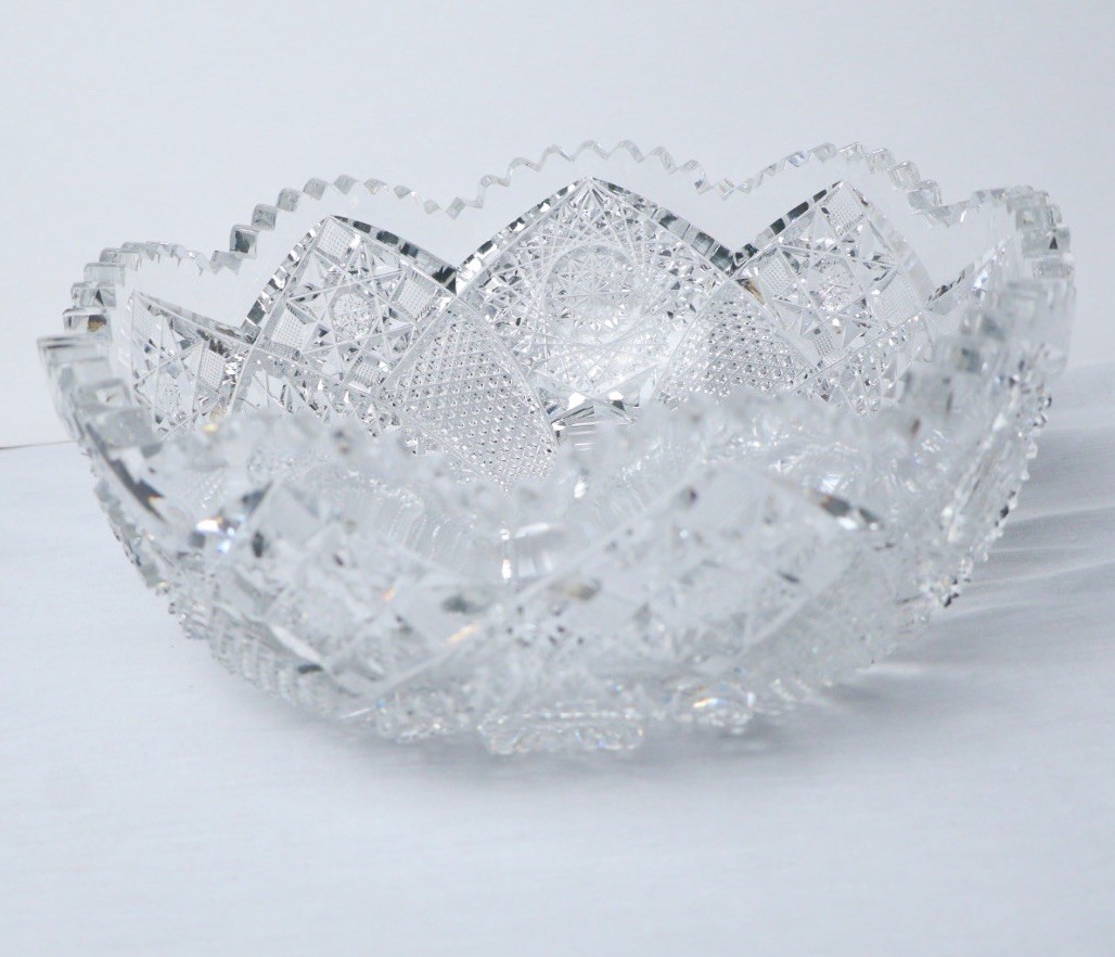 Antique American Brilliant Period Cut Glass Bowl 9″ Sawtooth Edge Circa 1918