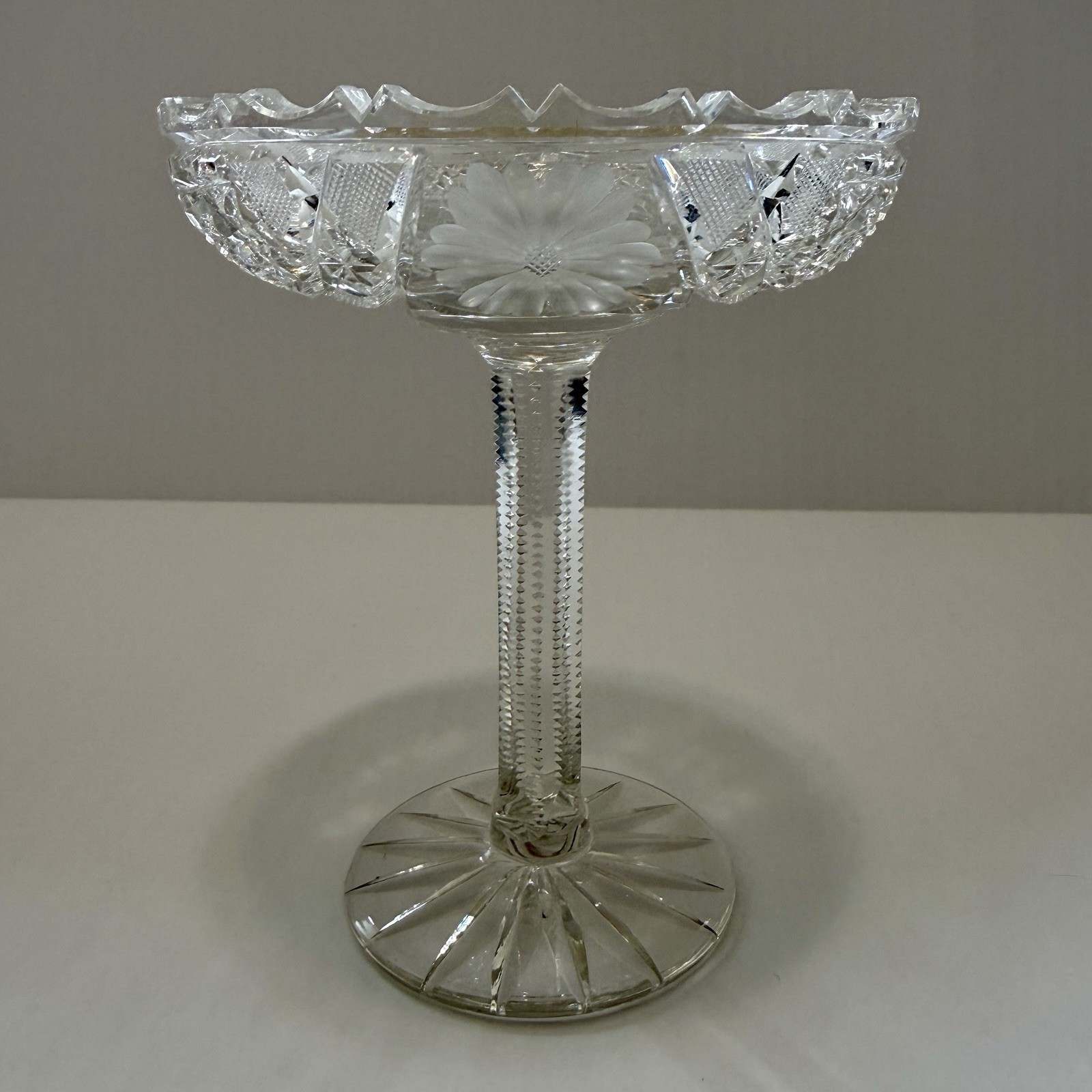 American Brilliant Period Cut Glass Pedestal Compote Bowl 6″ Scallop Sawtooth