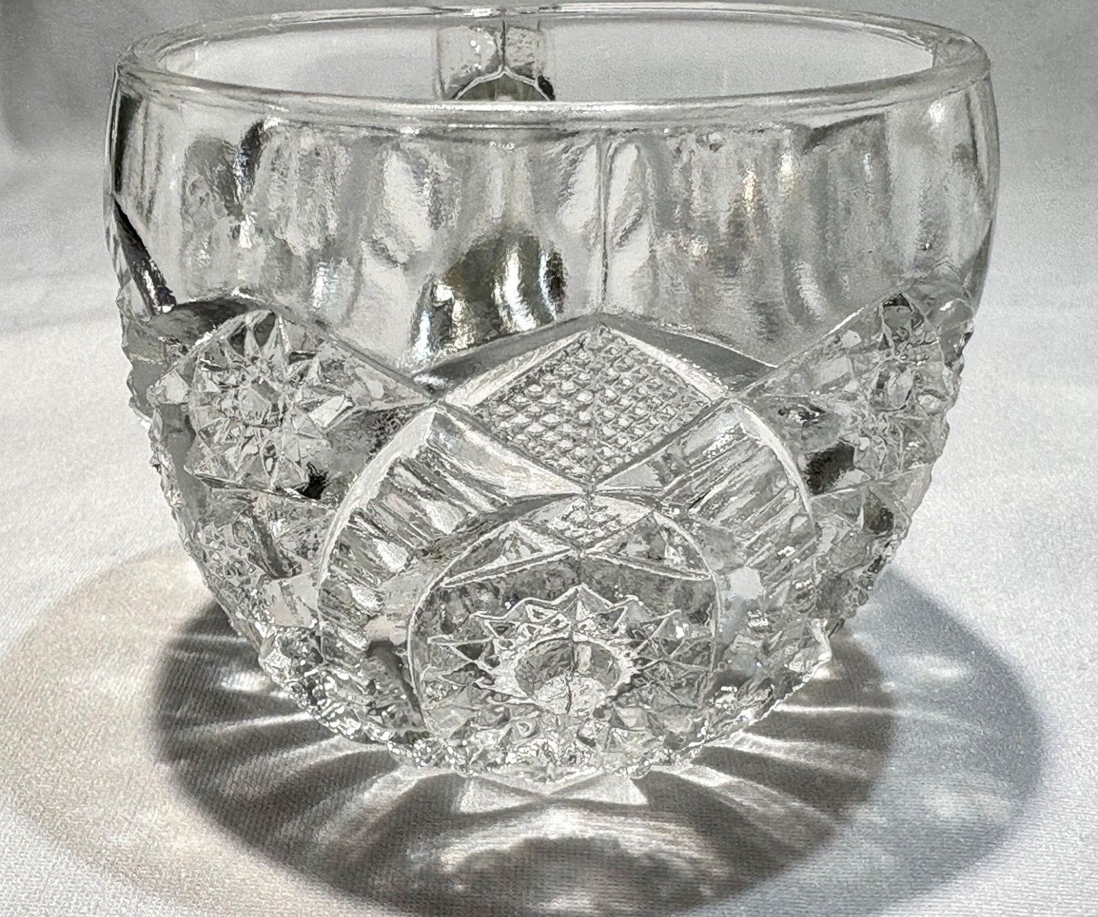 Antique Indiana Glass Paneled Daisy and Fine cut Clear Punch Bowl Base & 6 Cups