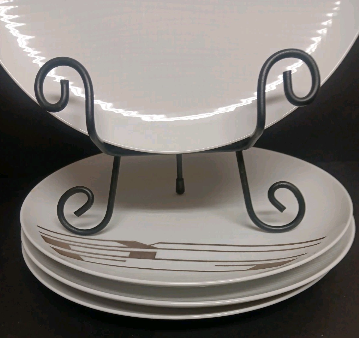 HTF Dorothy C Thorpe Porcelain Dinner 4 Plates White Silver MCM Geometric