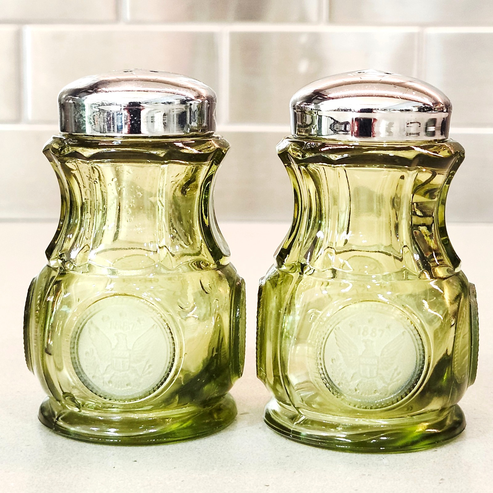Vintage Fostoria Olive Green Glass Coin 3” Tall Salt & Pepper Shakers