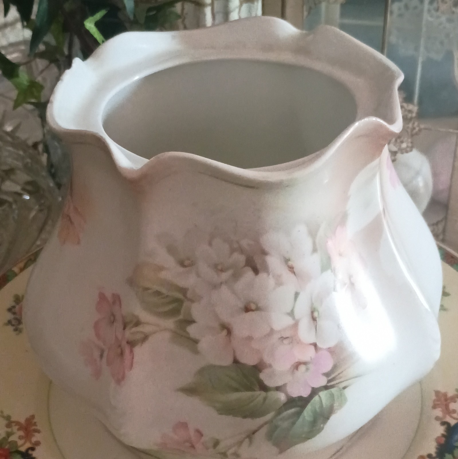RS Prussia Floral Porcelain Pitcher Glossy White Pink Green Prussia
