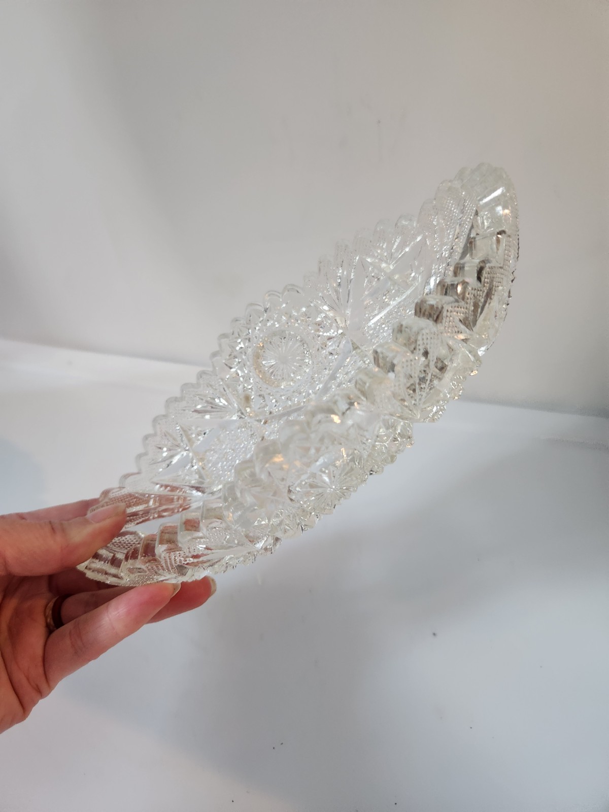Antique American Brilliant Cut Glass Crystal Boat Dish 8″