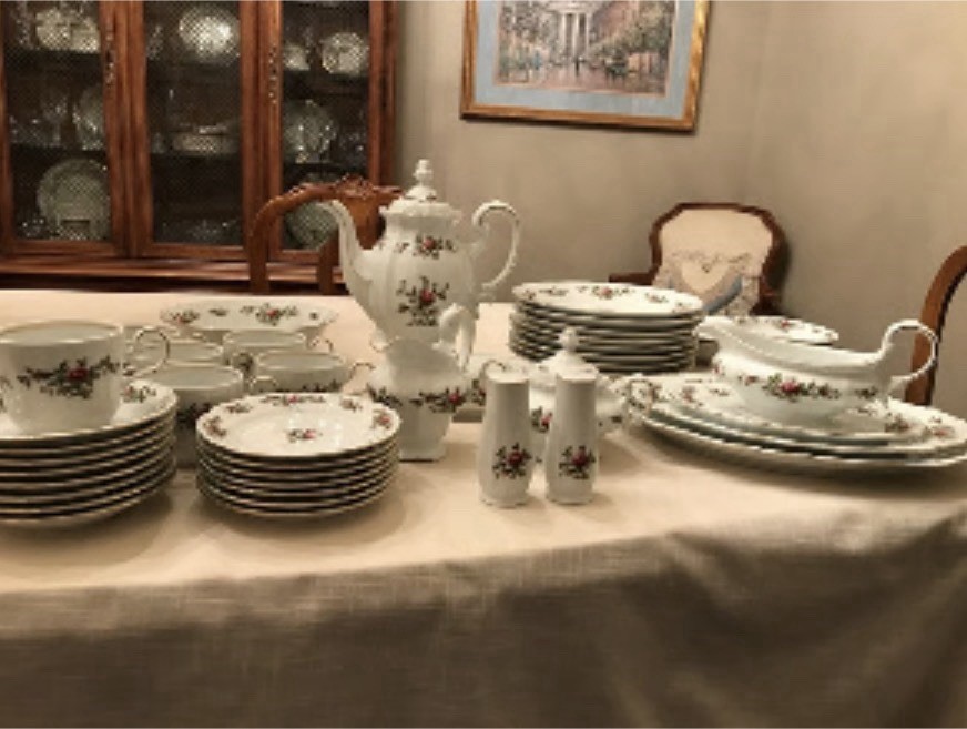 Porcelain Floral Dinner Set White Pink Green Plates Cups Bowls Gravy Boat