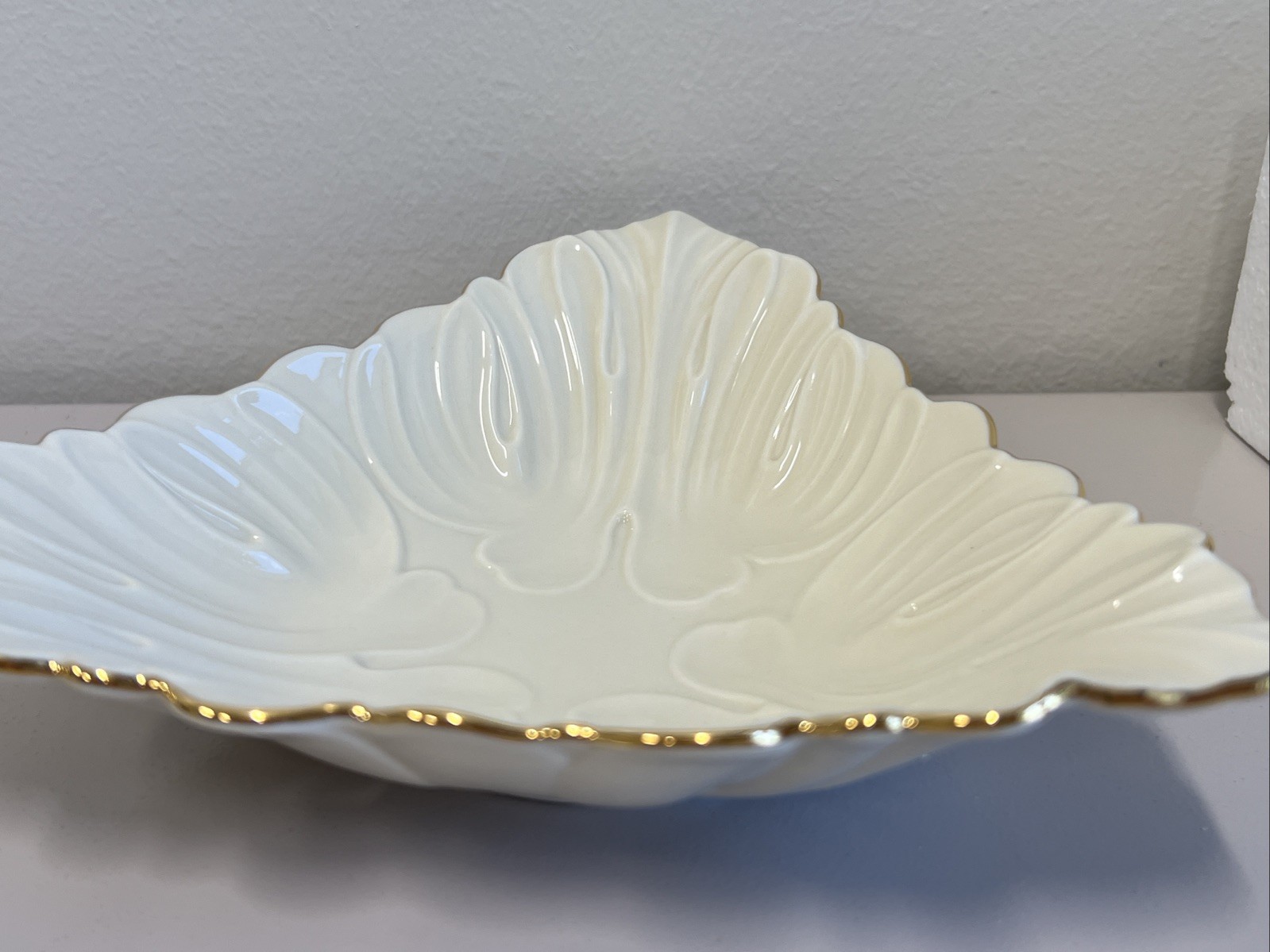 Vintage LENOX Triad Leaf Embossed Triangle Candy Nut Trinket Dish 24K Gold Trim