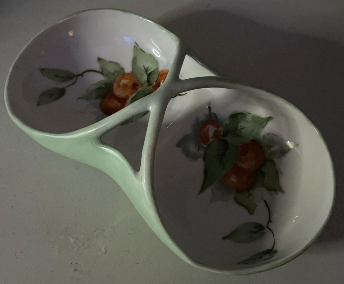 Vintage Apple Fruit Ceramic Relish Candy Nut Green Server w/ Handle Signed Etter