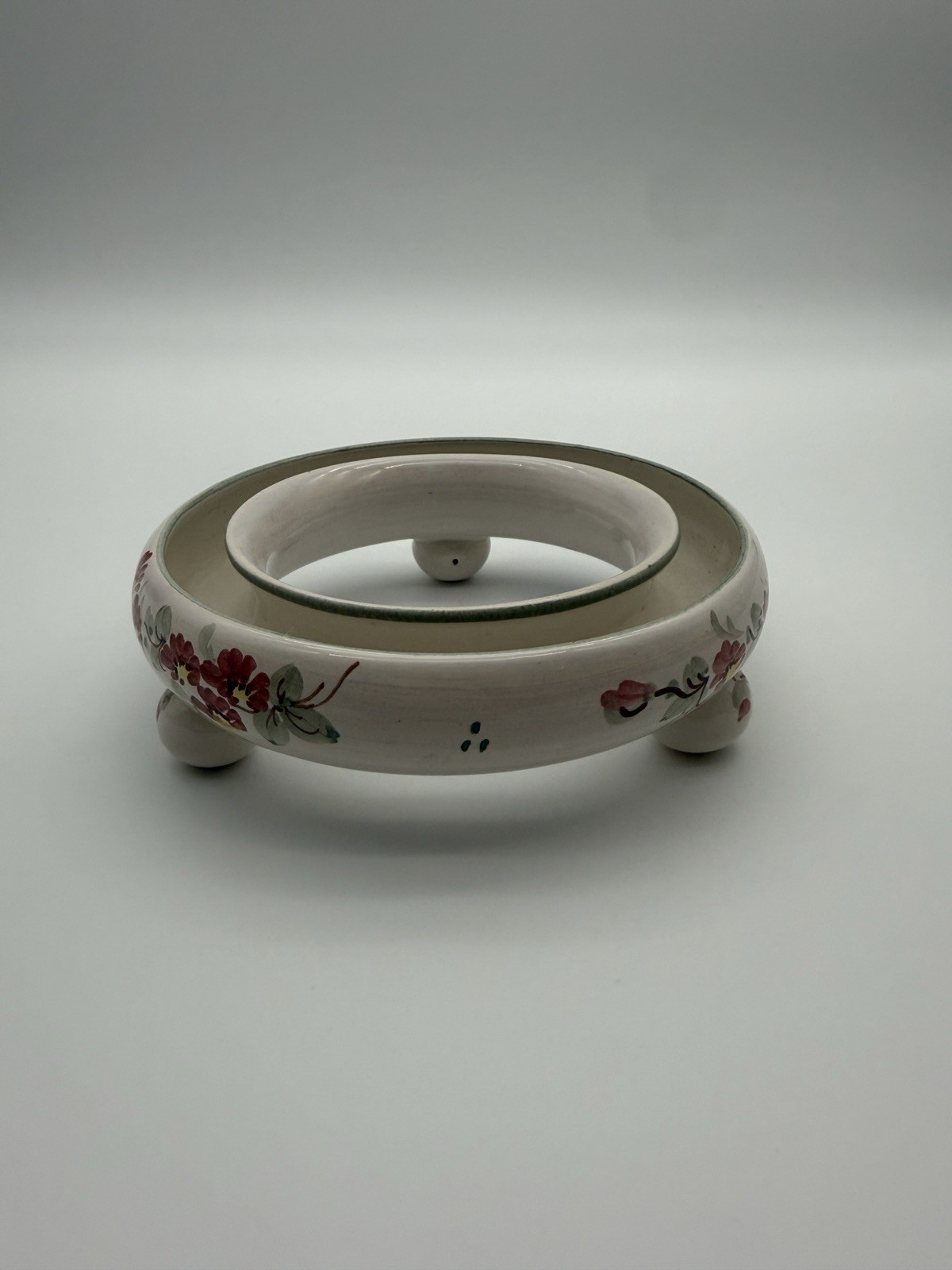 VTG Pansy Ring Vase Hand Painted Flower Frog Germany White Pink Green Floral