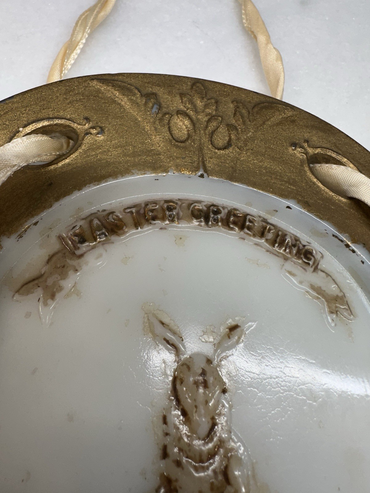 P.L. Co. Antique Pressed Milk Glass Easter Horseshoe Hanging Plaque Bunny Chick
