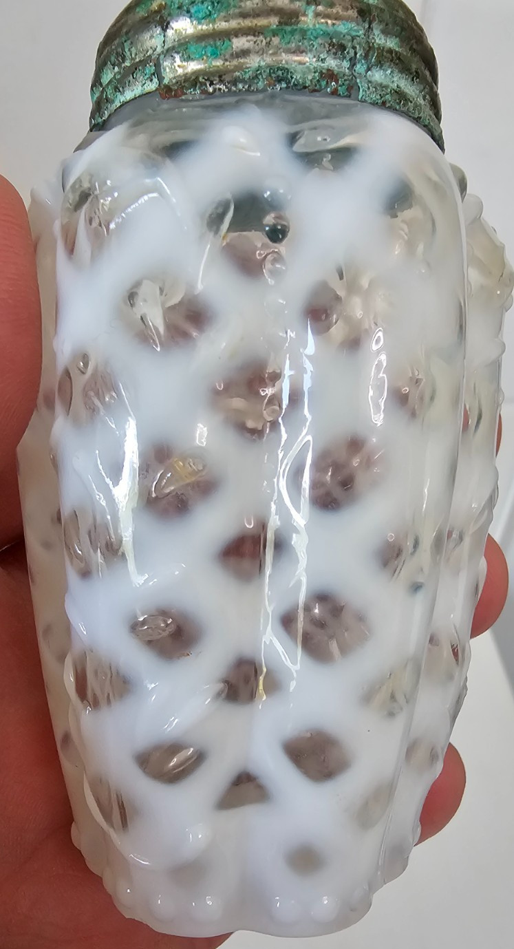EAPG Victorian Glass Salt Pepper Shaker Opalescent White Ribbed Lattice