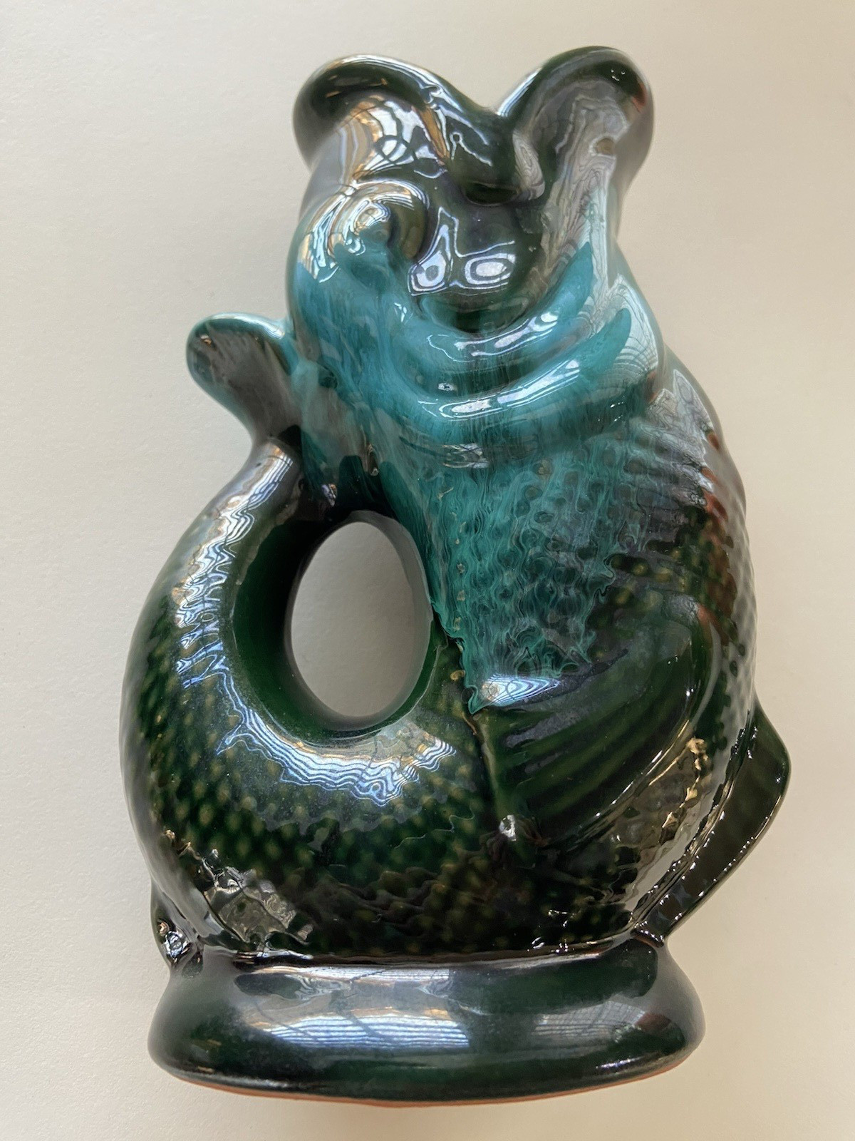 Teal Green Blue Fish Pot Pitcher Gurgle 8in Pottery by Rainbow Ceramics Canada