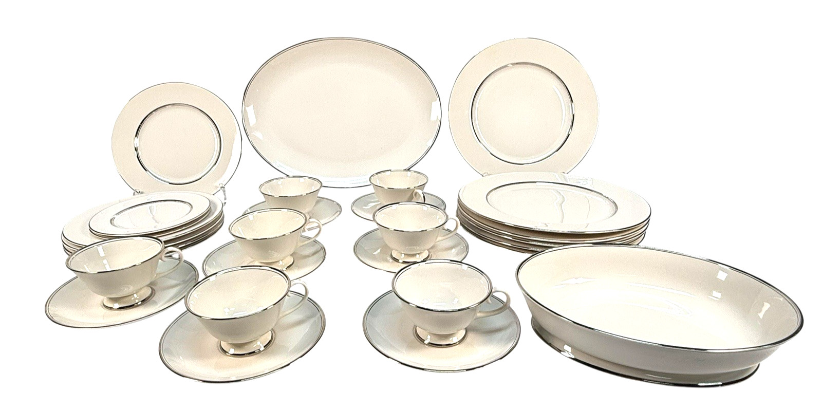 Vintage Flintridge China Mirador Bon-Lite Platinum Trim Dinnerware Set 29pc MCM