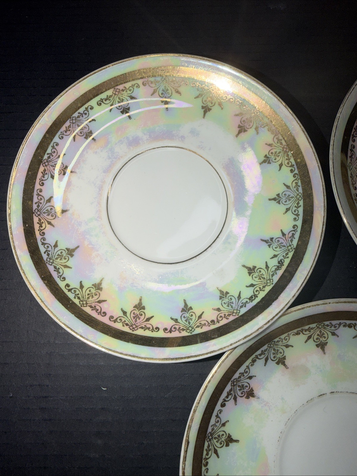 Vintage Bohemia Czech Lustreware Saucers Gold Trim Set Czechoslovakia