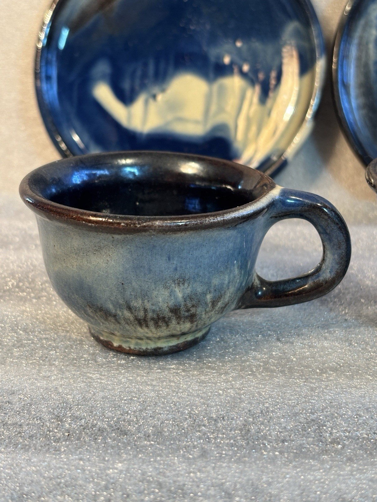Studio Ceramic Pottery 2 cups & 2 Saucers Hand-Made Brown Blue Yellow