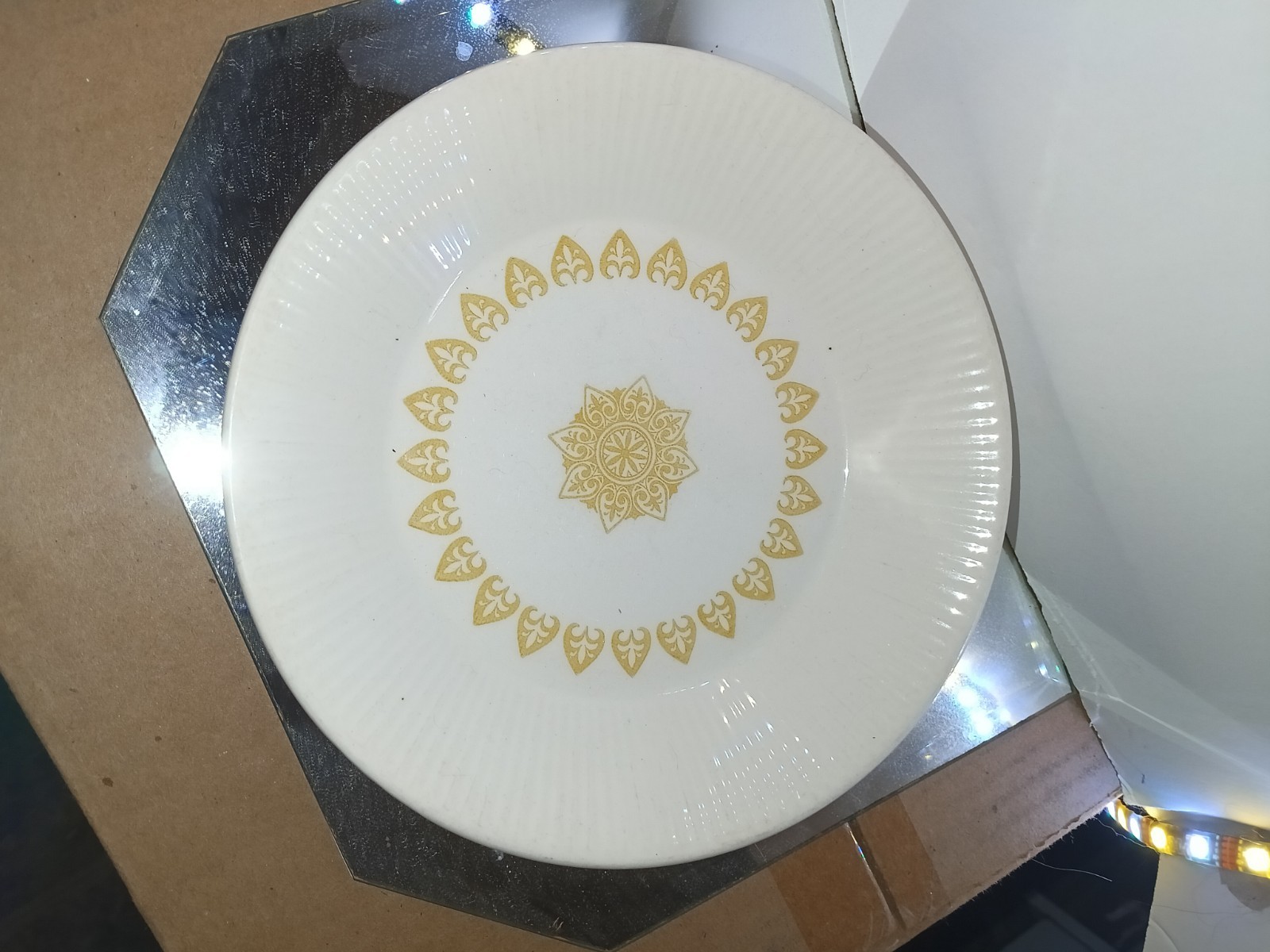 White & Gold Geometric Medallion Dinner Bowl Ceramic Earthenware Glossy