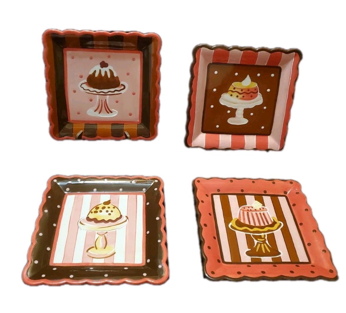 Dessert Cake Cupcakes Plates Square 8″ Stripes Dots Wall Decor Plate Set of 4
