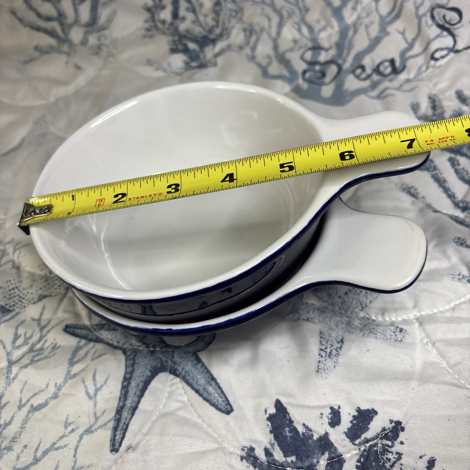 2 Navy Blue & White Interior Nesting Grab Stoneware Matching Bowls-Very Durable