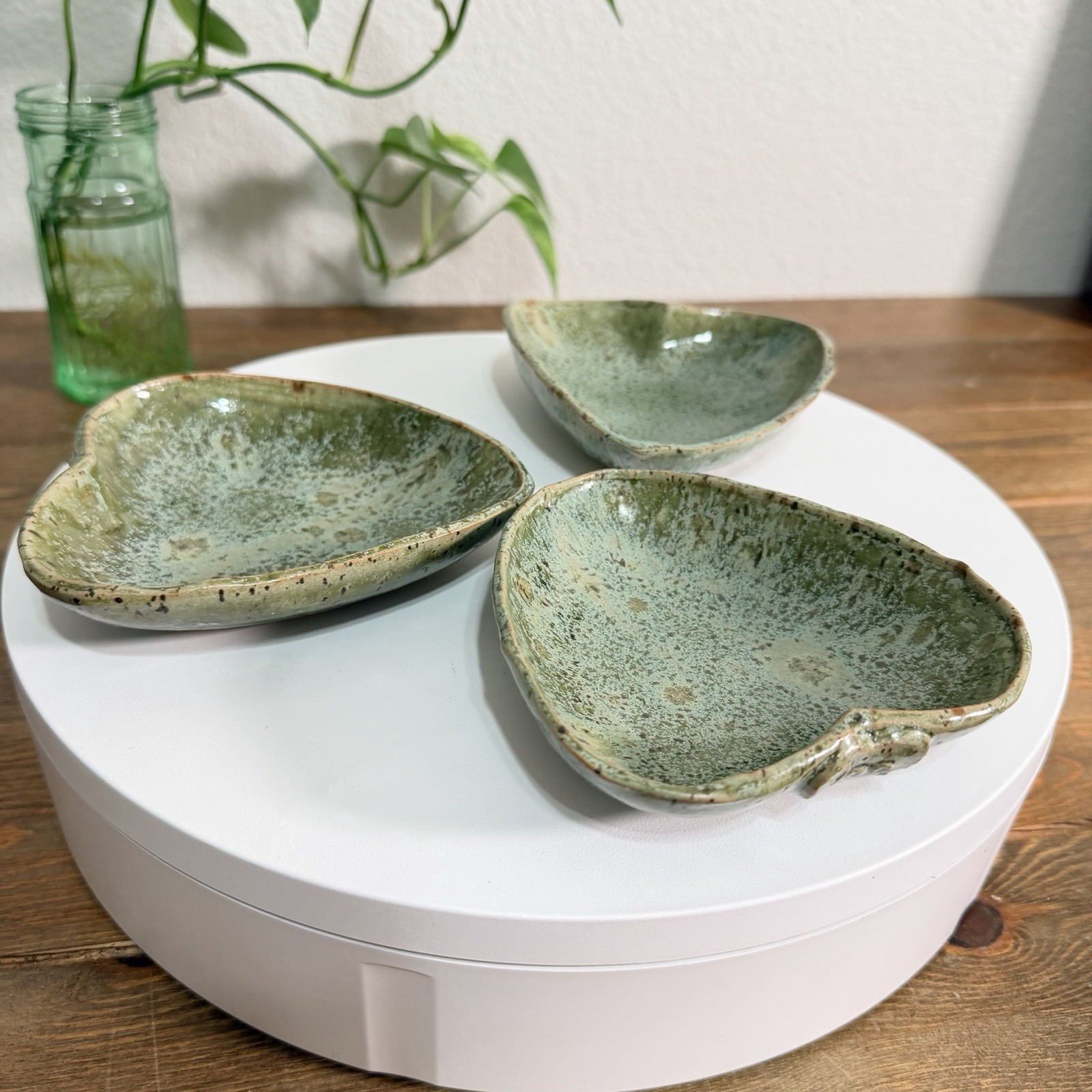 Ceramic Studio Art Pottery Glazed Heart Leaf Print Trinket Dish Tray Signed 3
