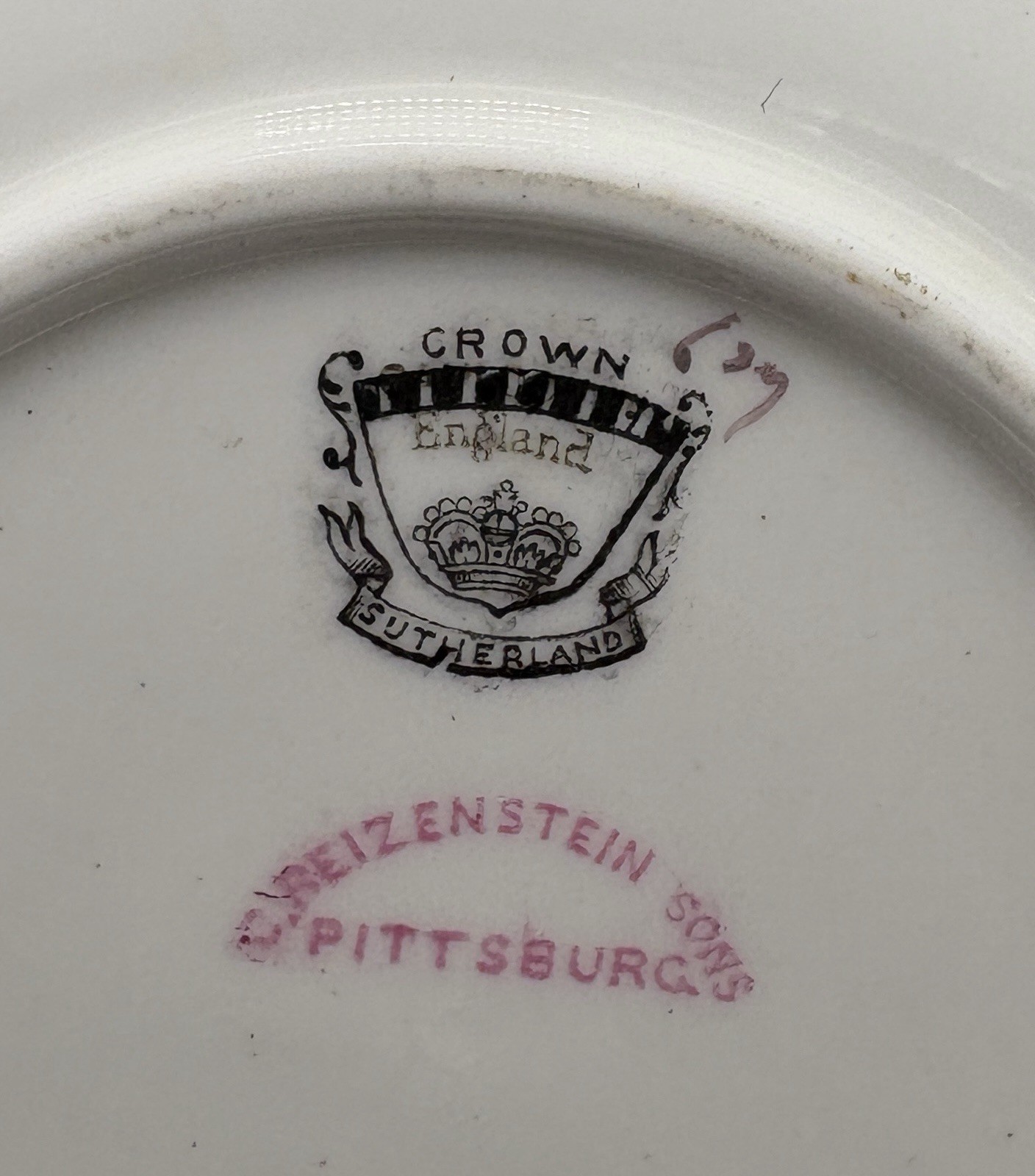 2 Heavy Gold Crown Sutherland Cups & Saucers Imported for C. Reizenstein & Sons