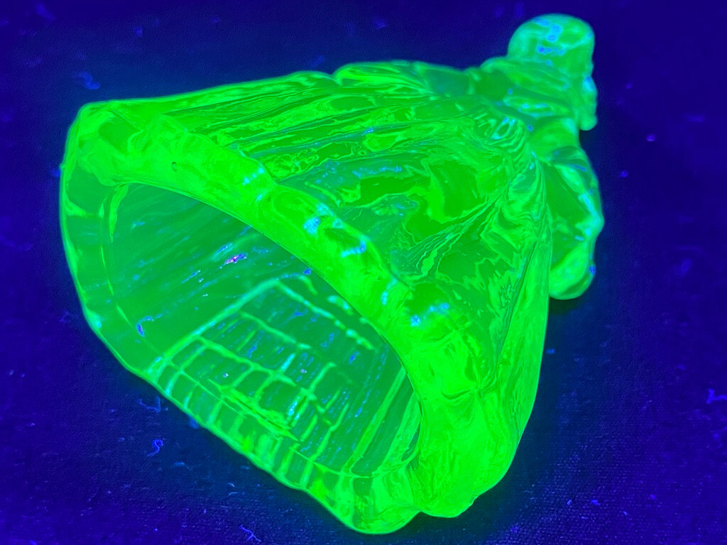Green Vaseline uranium glass girl doll candy container woman Elizabeth Blue glow