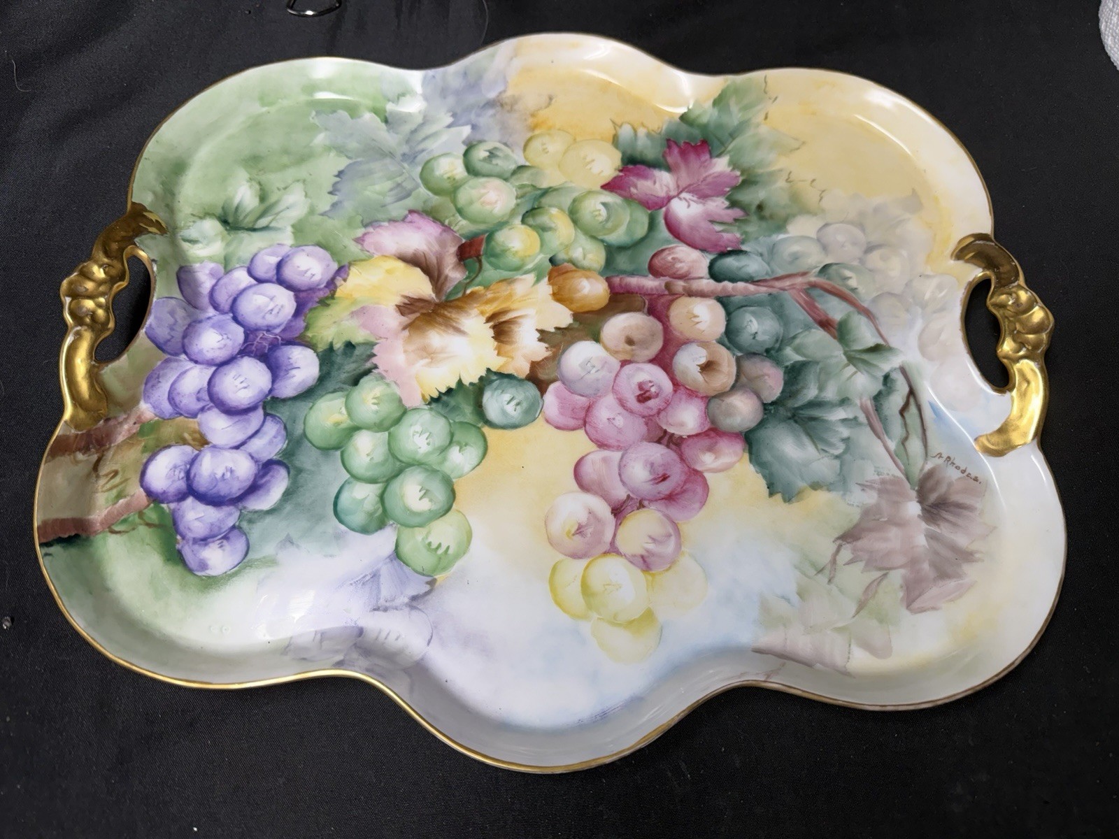 Antq T&V Limoges France Hand Painted Grapes Porcelain Platter Tray Artist Signed