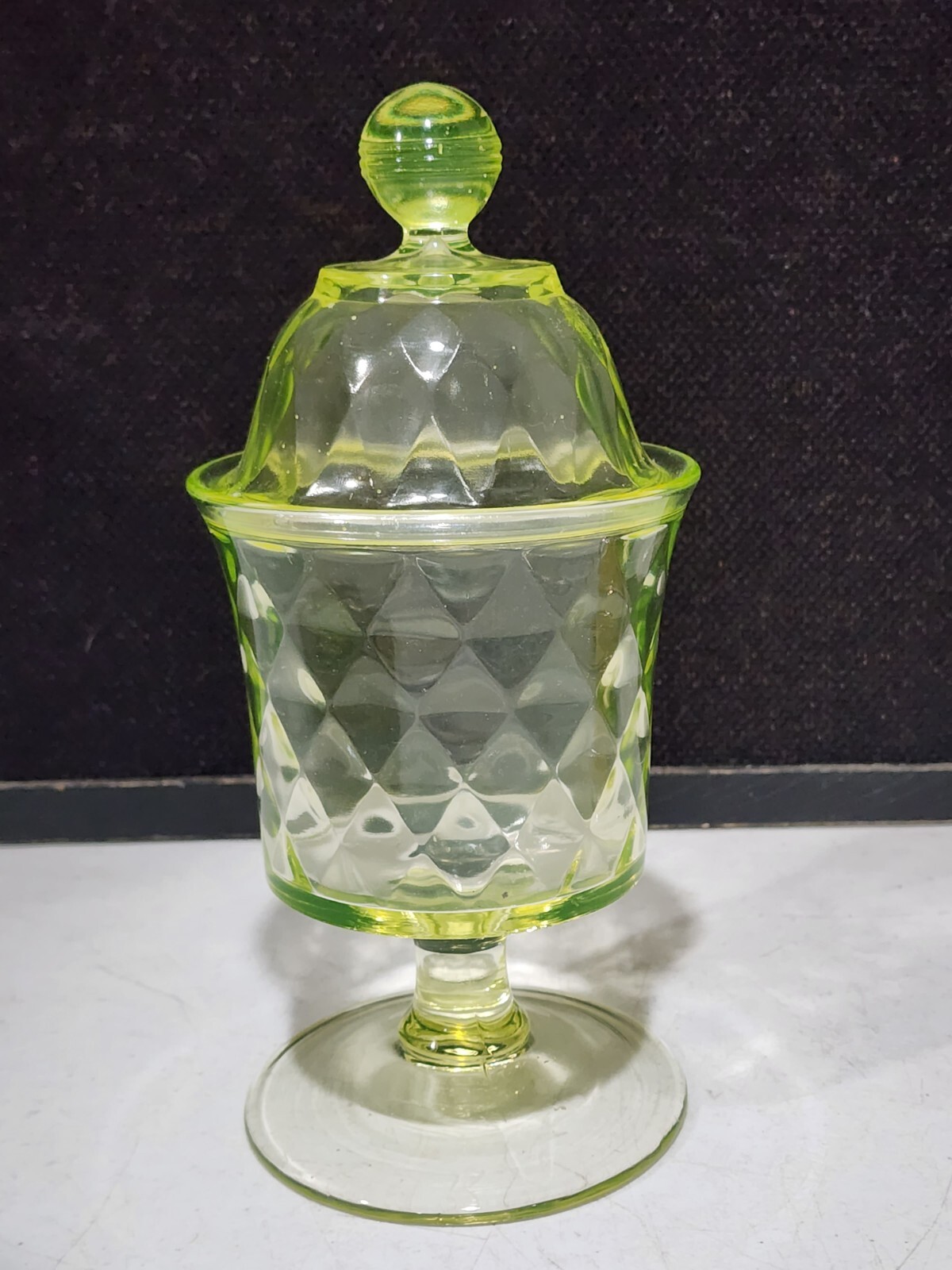 Bryce Brothers Diamond Quilt TALL COVERED DISH 19th Century Yellow Uranium Glass