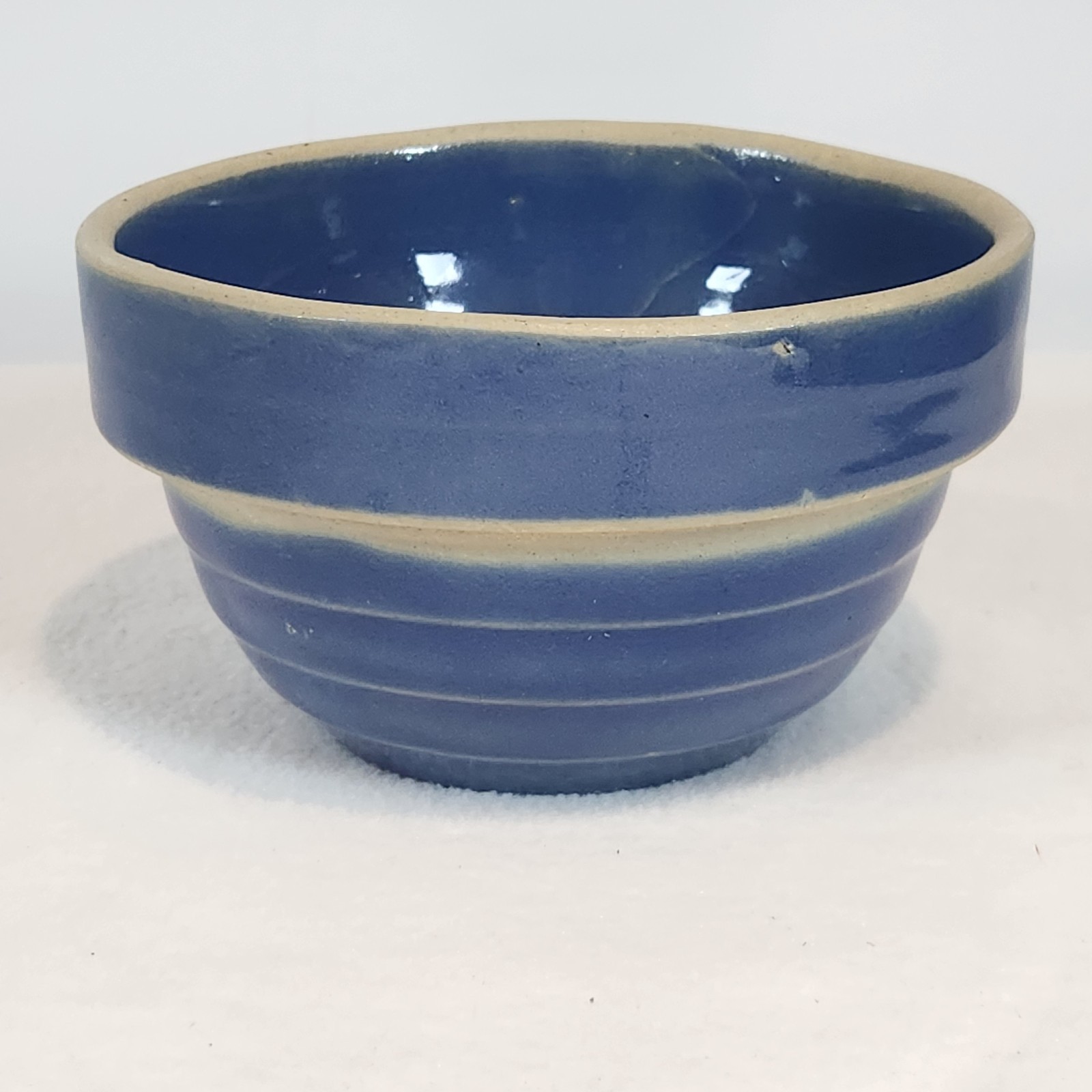 Antique Yellow Ware Cobalt Blue Dough Mixing Bowl w/ Beehive Sides 5” Wide USA