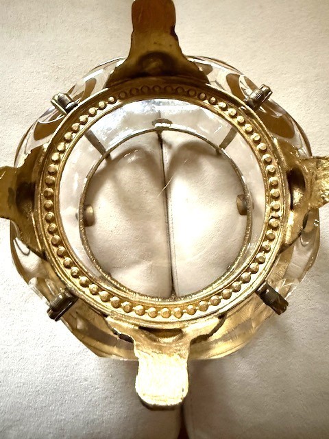 Rare Handled French Octagon Beveled Lead Crystal Gilt Bronze Bowl Griffin Feet