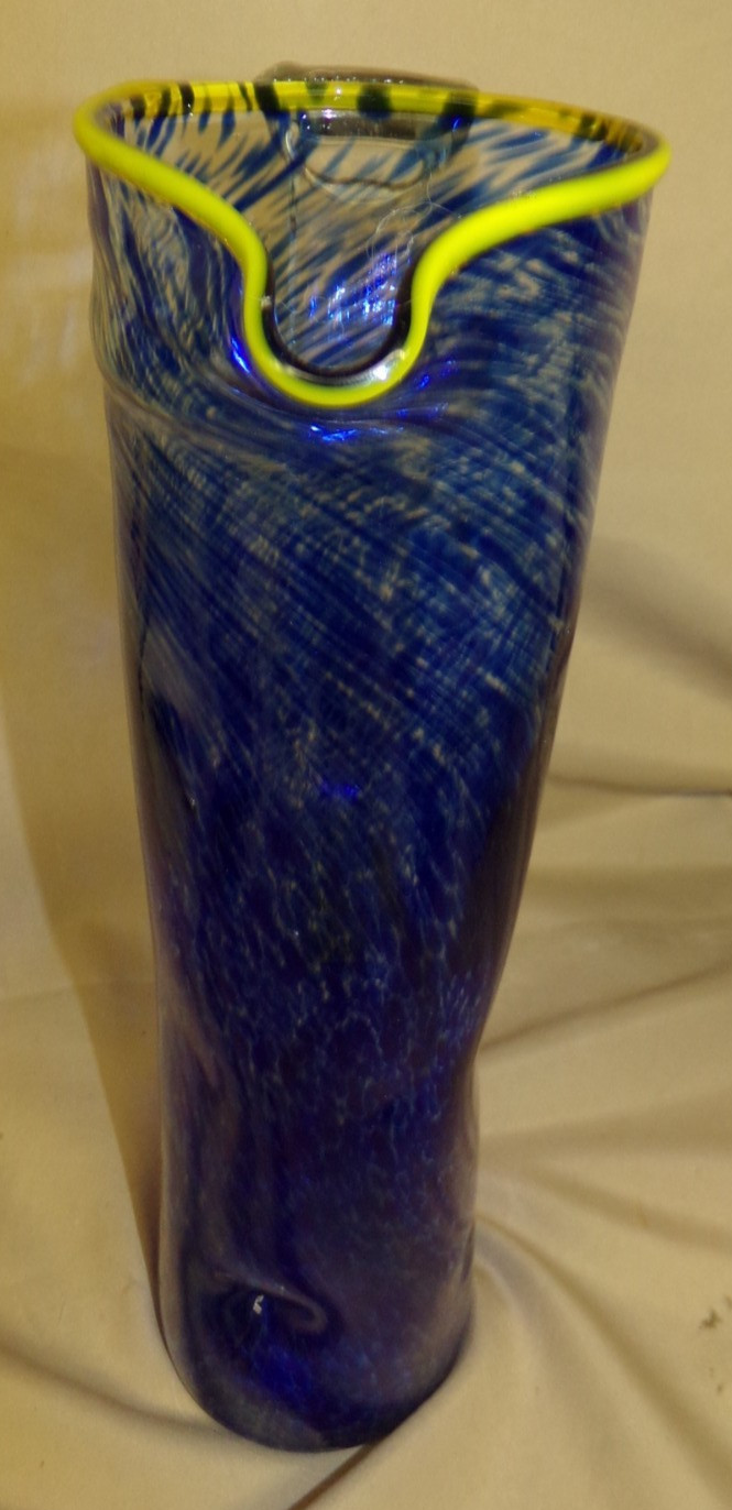 Cobalt Blue Yellow Rim Art Glass Pitcher 13″