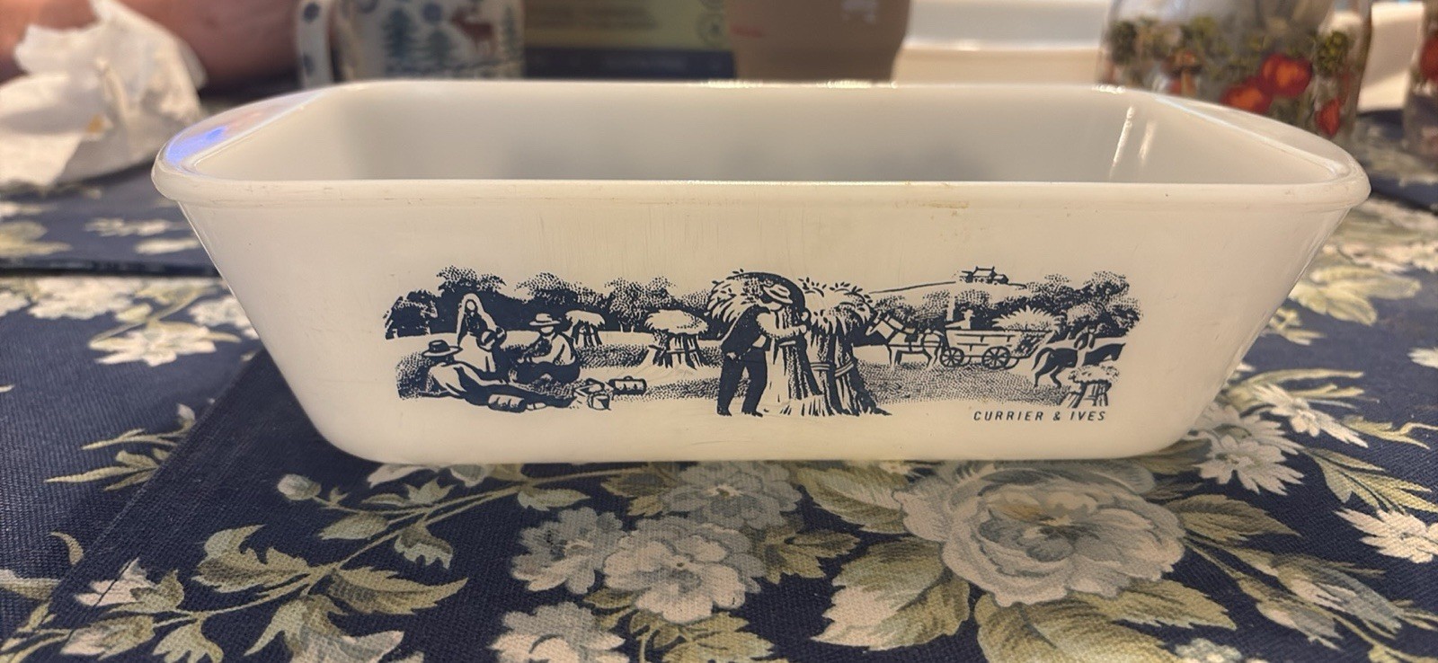 Vintage Glasbake Currier And Ives Baking Dish J-522 Loaf Pan Blue Farm Scene