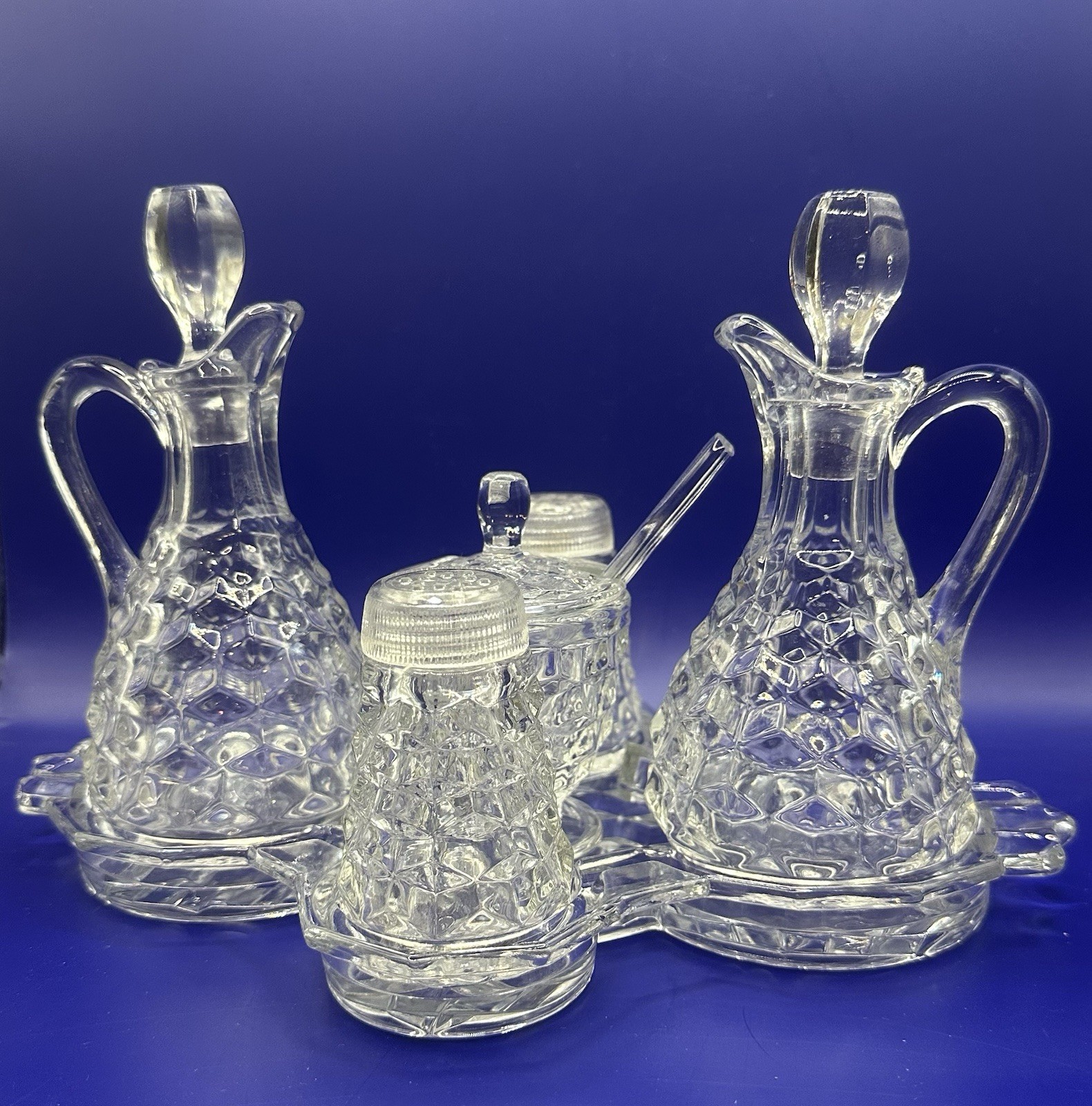 1 Set Of Fostoria American Clear 7 Piece Cloverleaf Condiment Set Used- Read-