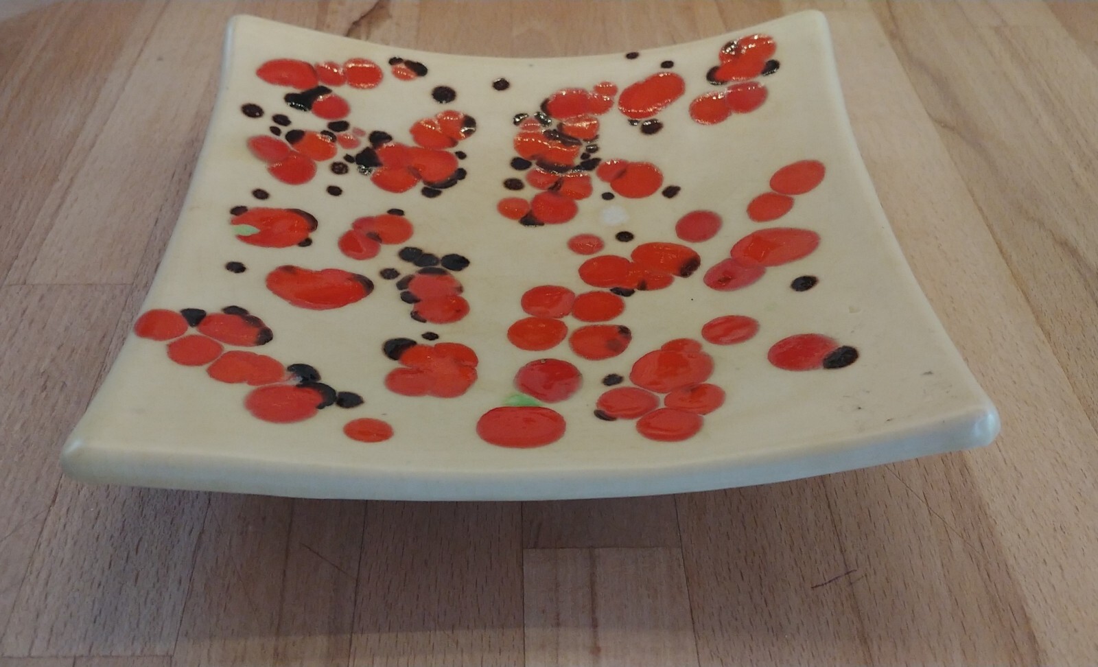MCM Handmade Studio Art Pottery Curved Square Dish Orange Spotted Glaze 6.25 in²