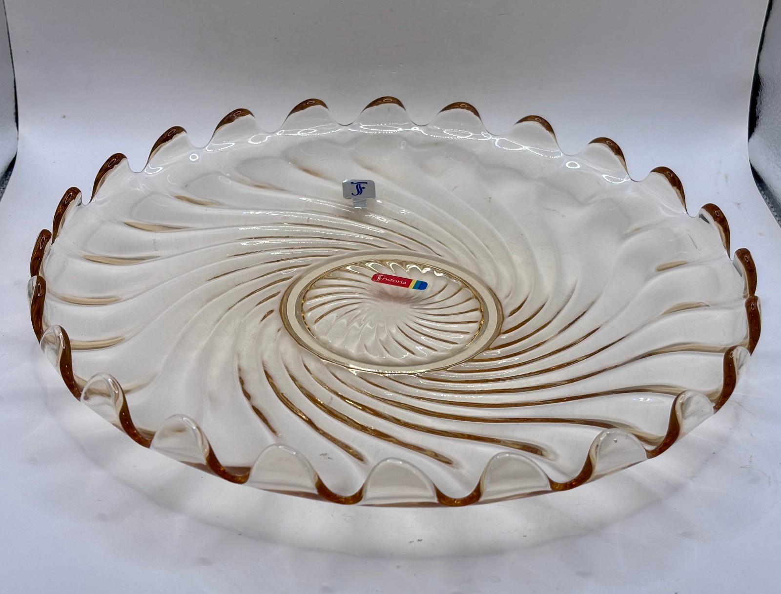 Fostoria Colony Swirl Glass Vintage Torte Cake Plate Platter original stickers