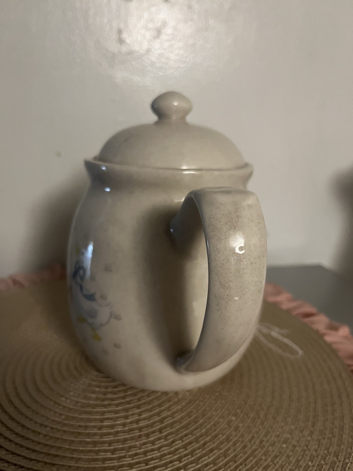Vintage 1988 WBI ceramic teapot with country geese motif blue/pink ribbons