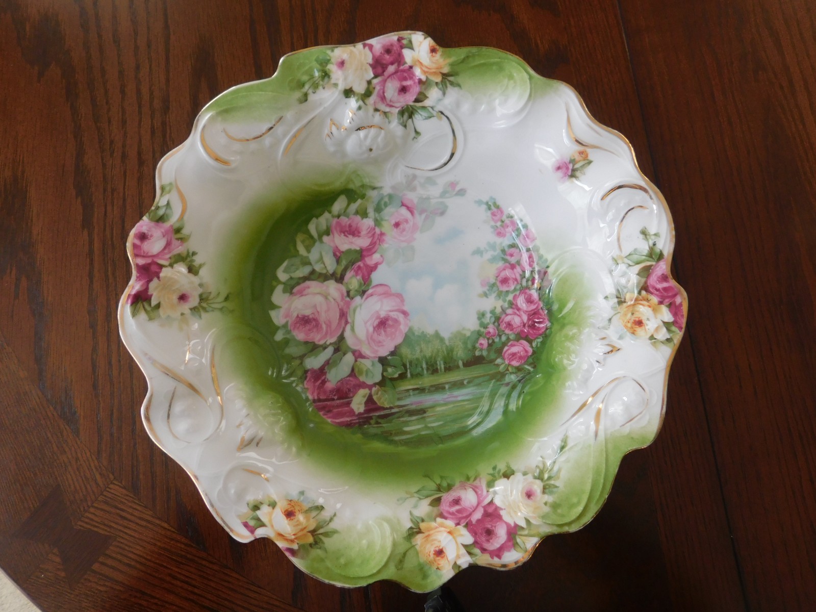 Gorgeous P S Germany Antique Bowl/Floral/ Trees/Ruffle Edges- Antique