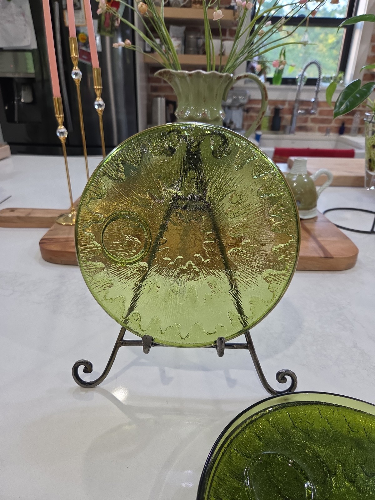 Set of 4 Indiana Glass Plates MCM Home Decor Avacodo Green Starburst Pattern