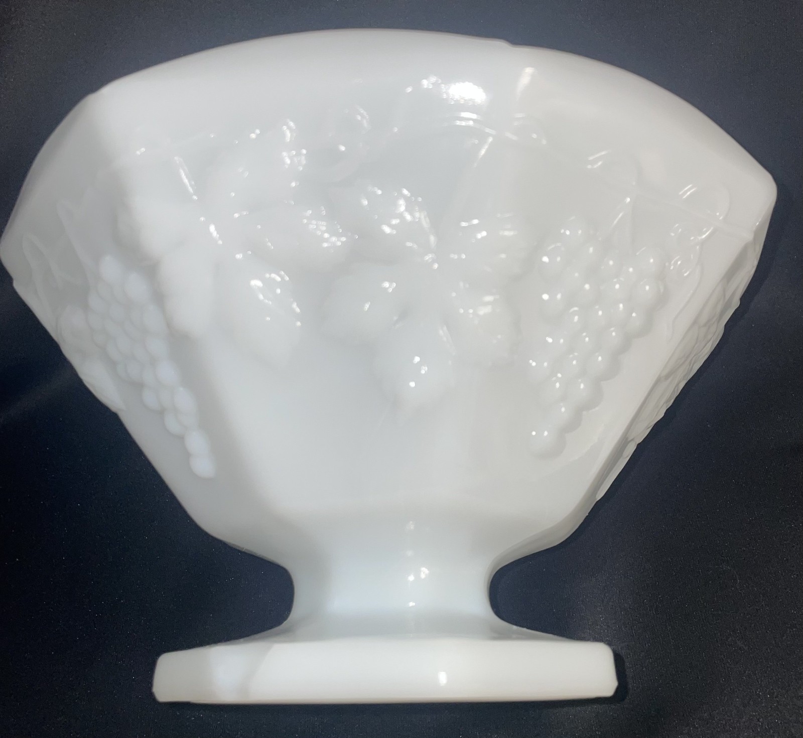 Milk Glass Grapes and Leaves Footed Pedestal Fruit Bowl Octagon 9 1/2 Inches