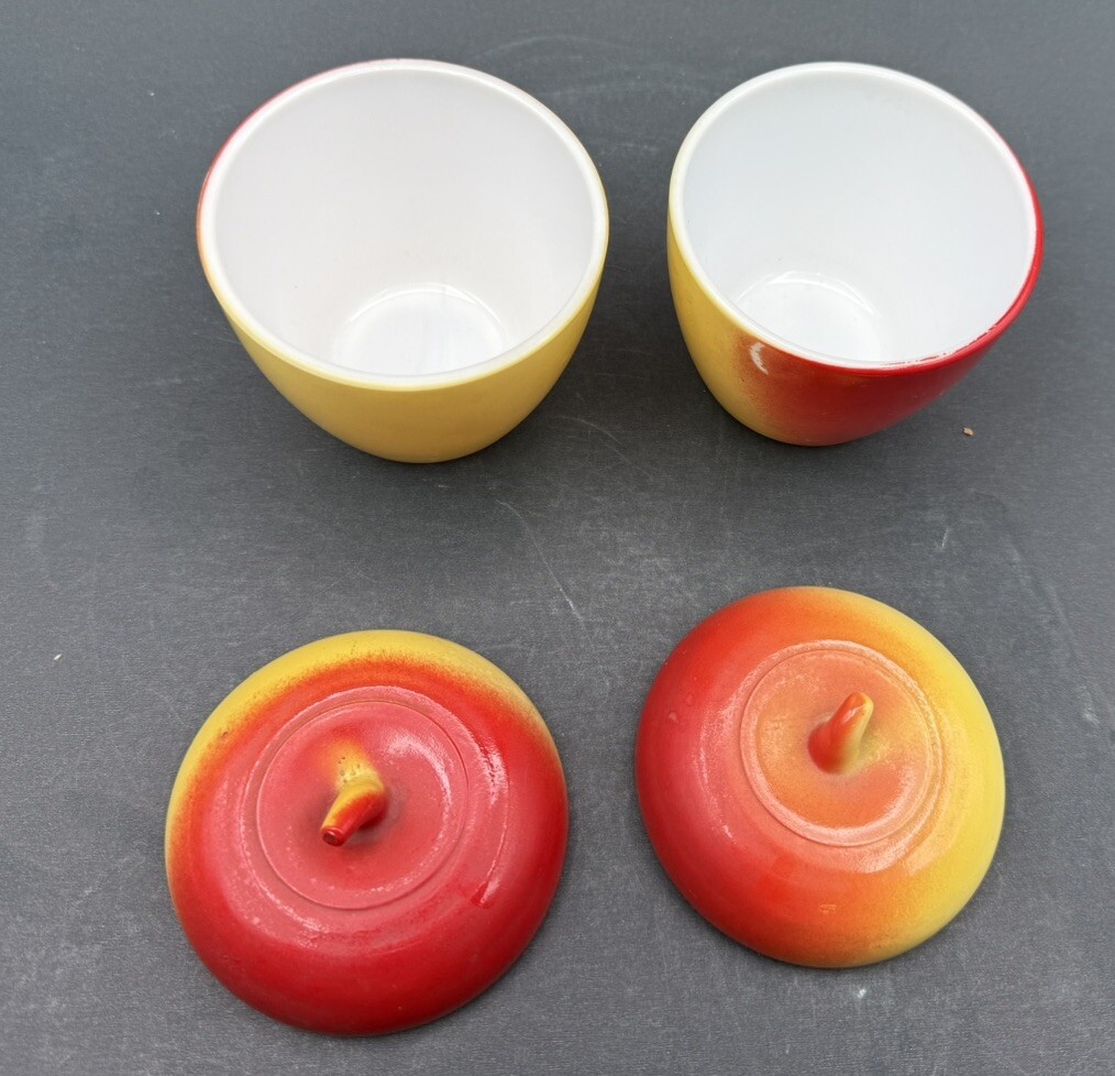 2 Vtg 30s 40s Hazel Atlas Apple Jelly Jars Lid Yellow Red Milk Glass SEE PICTURE