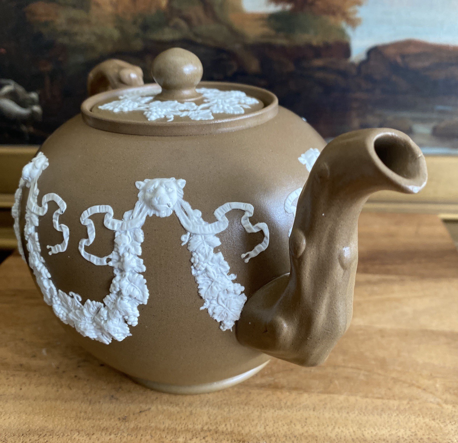 RIDGWAY or DUDSON Brown Jasperware TEAPOT CREAMER SUGAR Antique England 19th CE