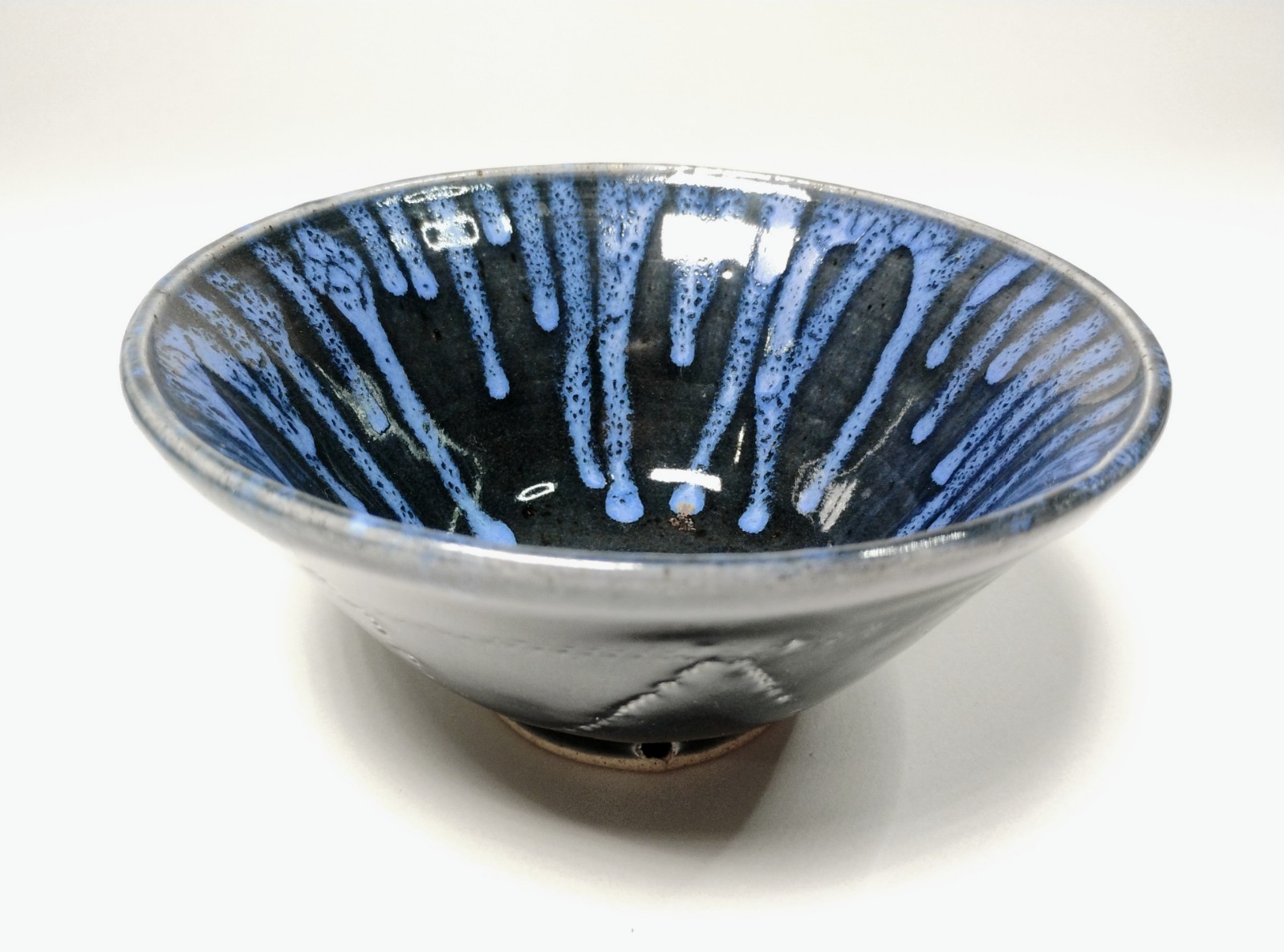 Handmade Stoneware Studio Pottery Bowl Black Blue Drip Glaze “6 Signed
