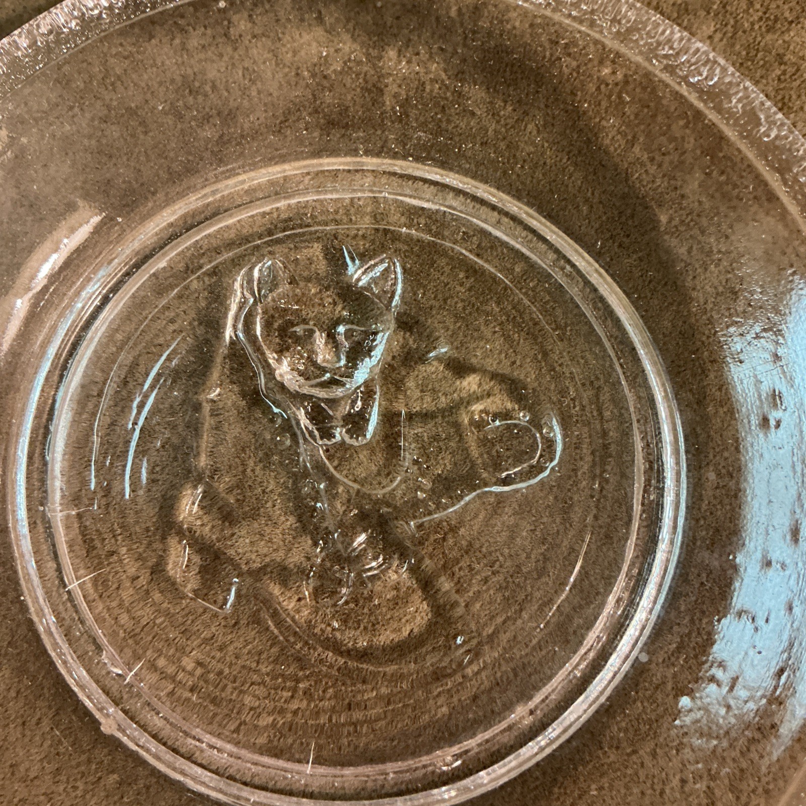Victorian pressed pattern glass Puss N boots design stipple edge cup plate clear