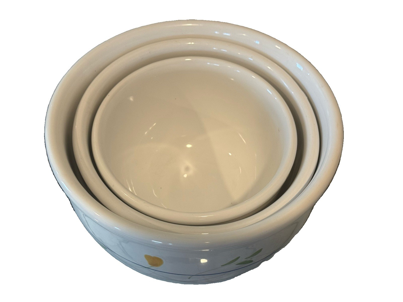 Vintage Italy Nesting Ceramic Mixing Bowl Set 3pc Floral Blue Line Stoneware Pot