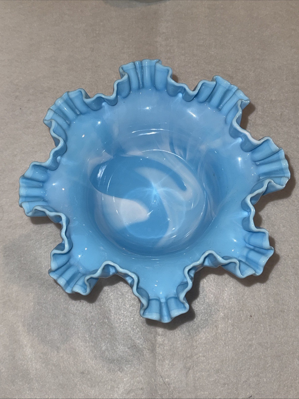 Vintage Fenton Blue Milk Marble Glass Hobnail Pedestal Bowl Ruffled Edge White