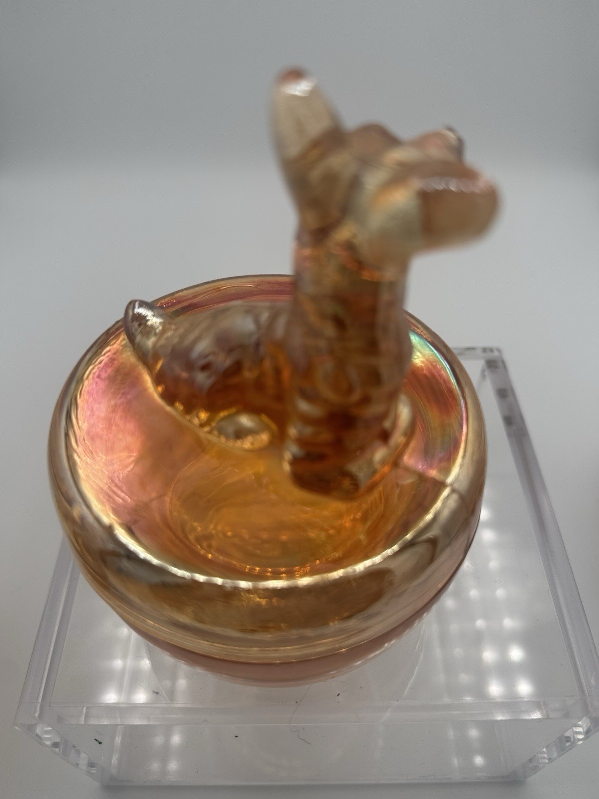Vtg Jeannette Marigold Carnival Glass Powder Jar Set – Poodle/Deer/Terrier Lids